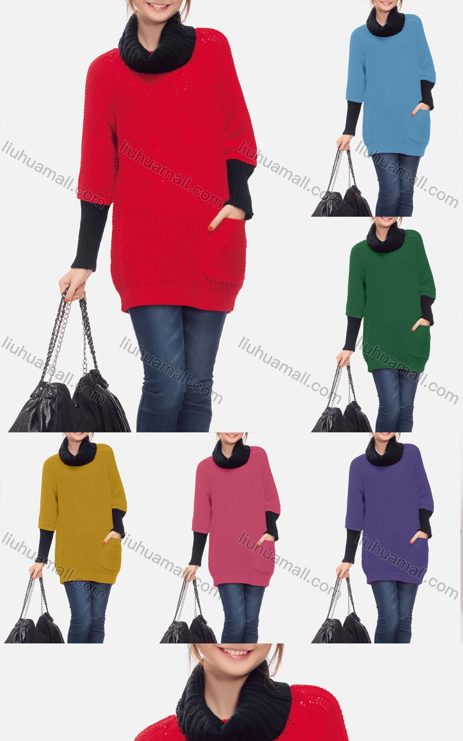 Wholesale Women's Casual Crew Neck 3/4 Sleeve Patch Pocket Sweater - Liuhuamall