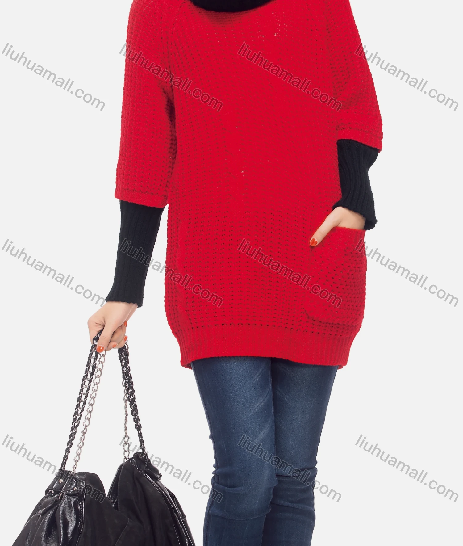 Wholesale Women's Casual Crew Neck 3/4 Sleeve Patch Pocket Sweater - Liuhuamall