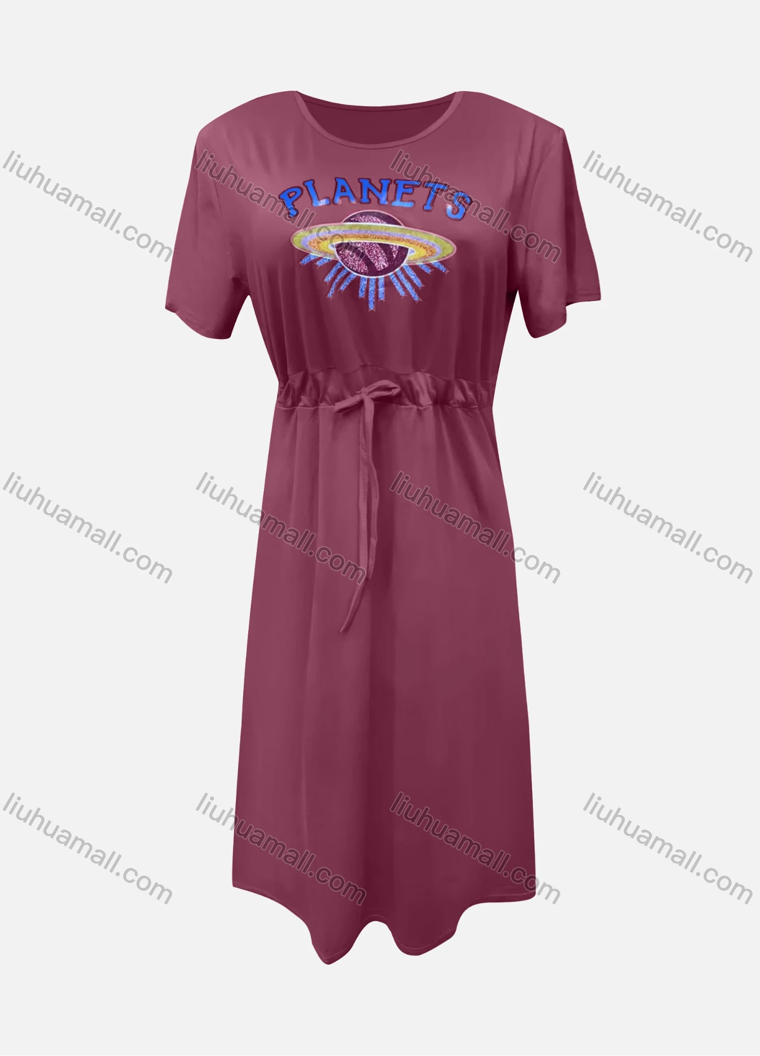 Wholesale Women's Casual Graphic Round Neck High Waist Drawstring Ruffle Hem Midi Dress - Liuhuamall