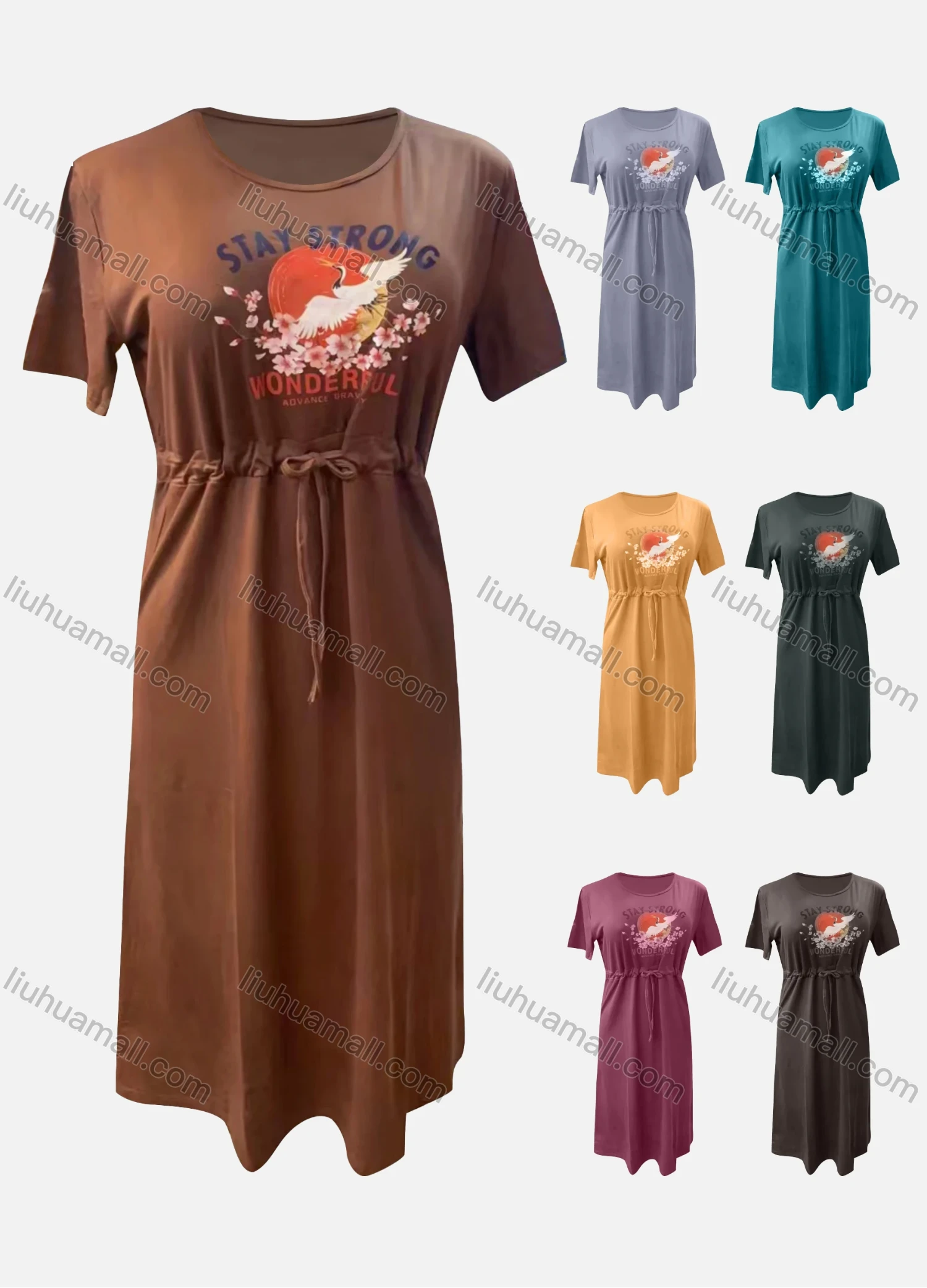 Wholesale Women's Casual Graphic Round Neck High Waist Drawstring Ruffle Hem Midi Dress - Liuhuamall