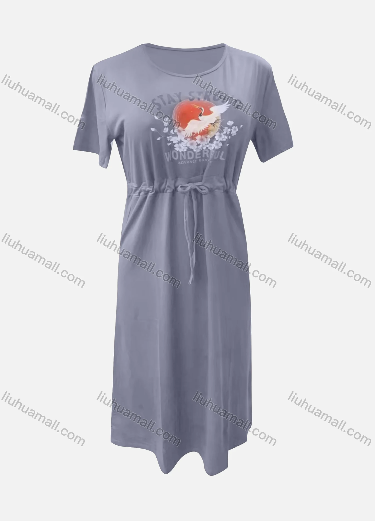 Wholesale Women's Casual Graphic Round Neck High Waist Drawstring Ruffle Hem Midi Dress - Liuhuamall