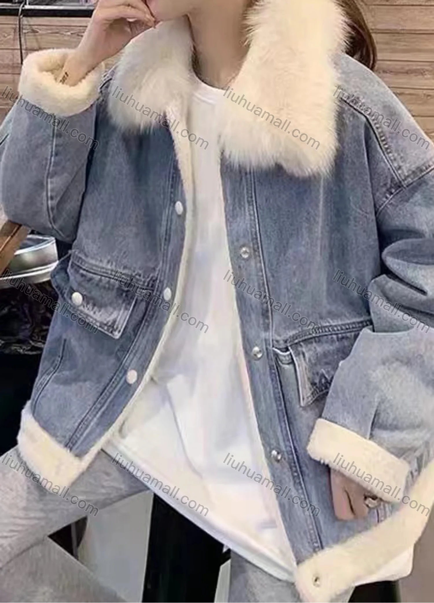 Wholesale Women's Casual Fleece Neck Long Sleeve Flap Pockets Button Down Denim Jacekt - Liuhuamall