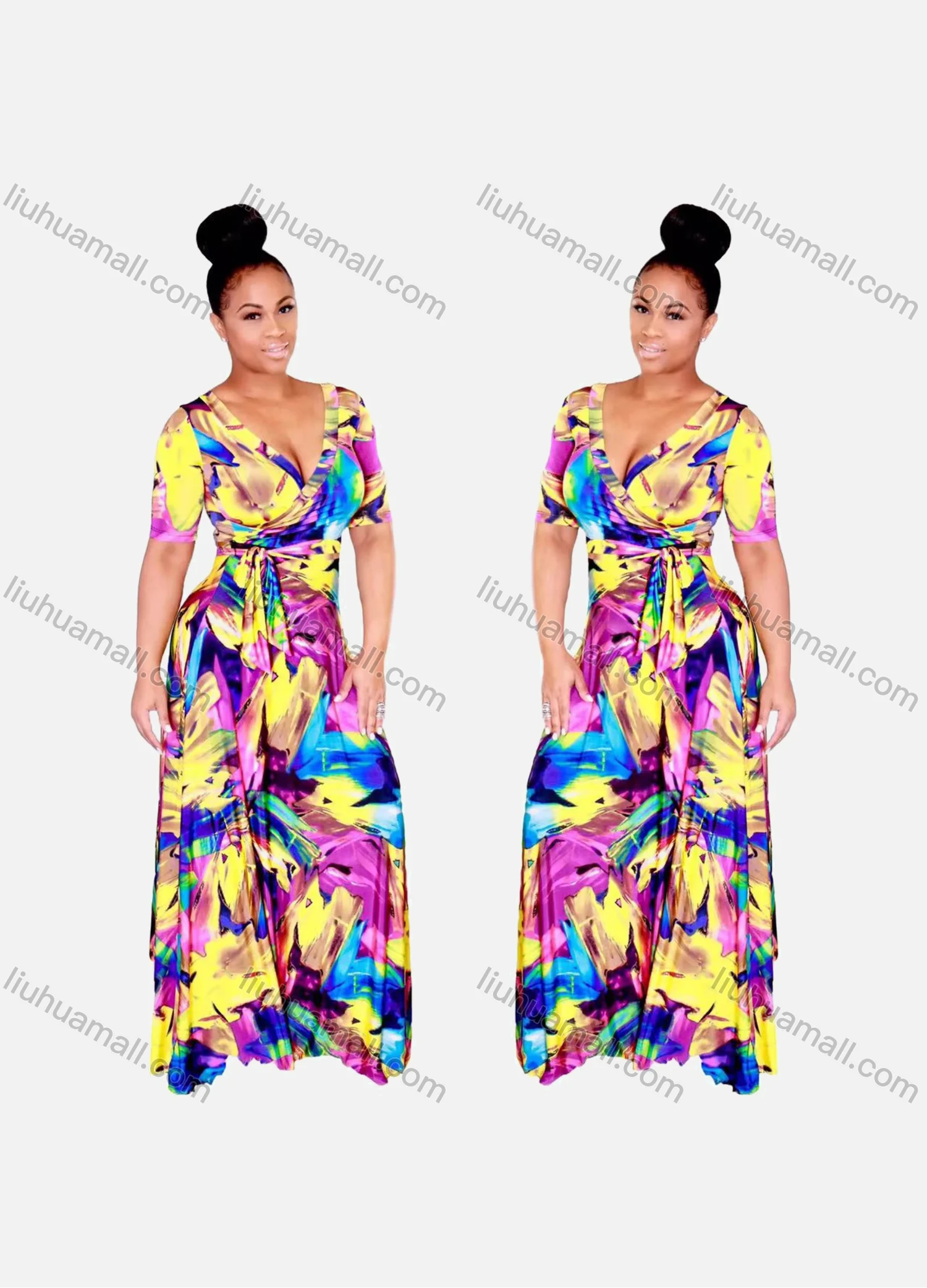 Wholesale Women's African Casual V Neck Short Sleeve Allover Abstract Print Milk Silk Wrap Maxi Tropical Dress - Liuhuamall