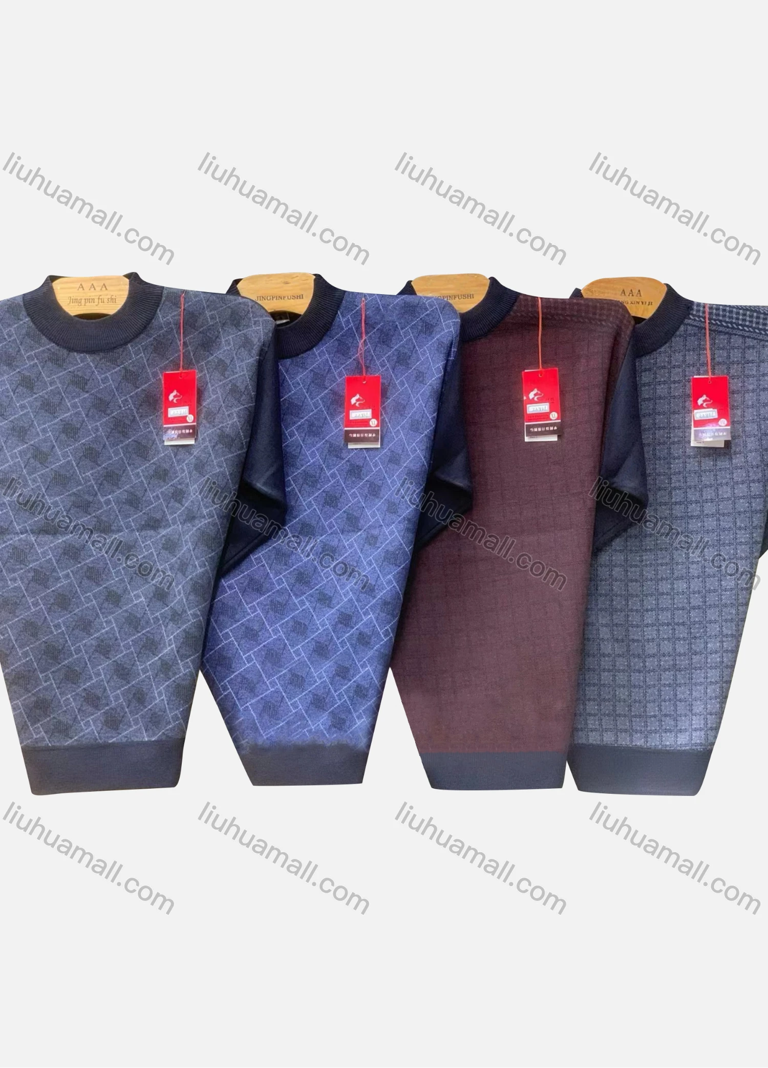 Wholesale Men's Casual Crew Neck Long Sleeve Plaid Print Knit Sweater - Liuhuamall
