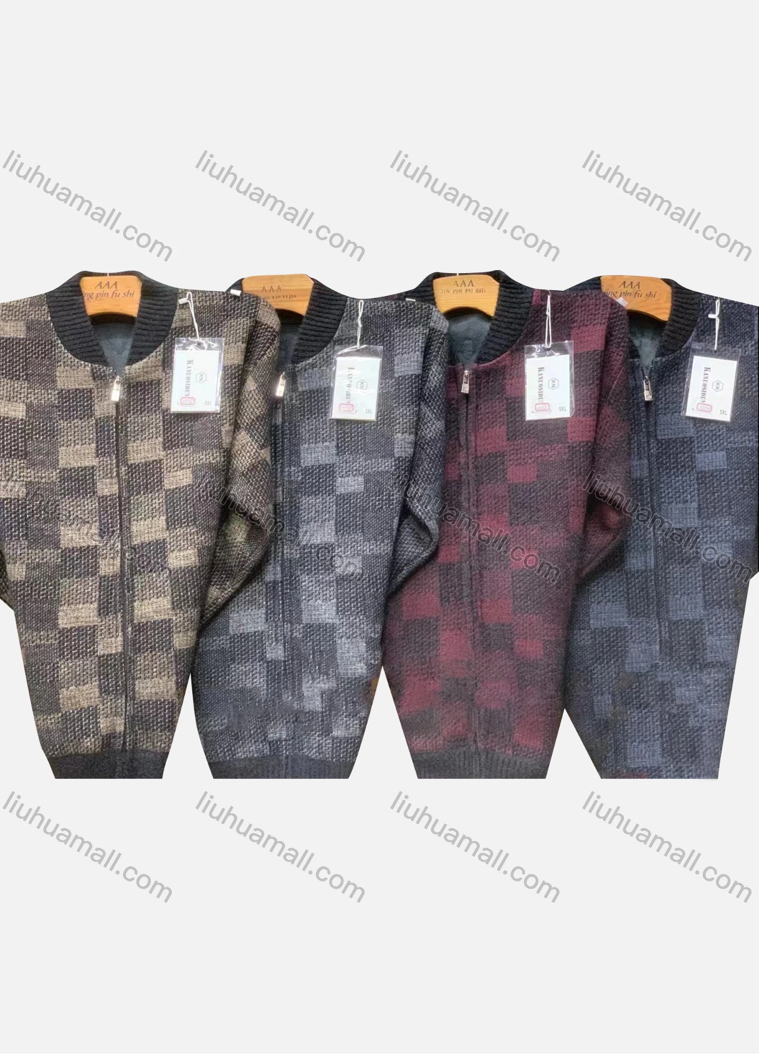 Wholesale Men's Casual Baseball Collar Long Sleeve Zipper Plaid Print Knit Jacket - Liuhuamall