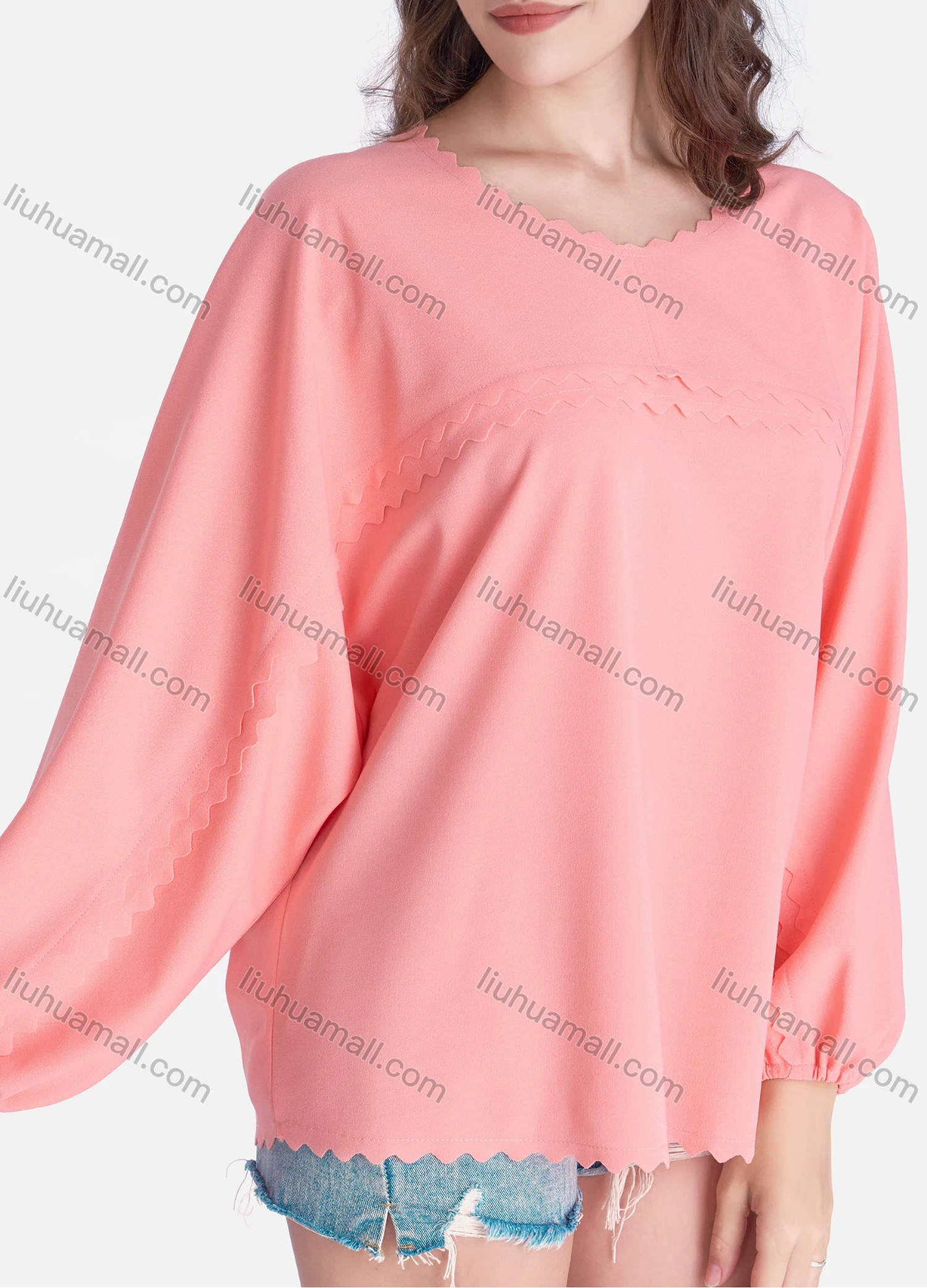 Wholesale Women's Casual Plain Round Neck Long Sleeve Blouse - Liuhuamall