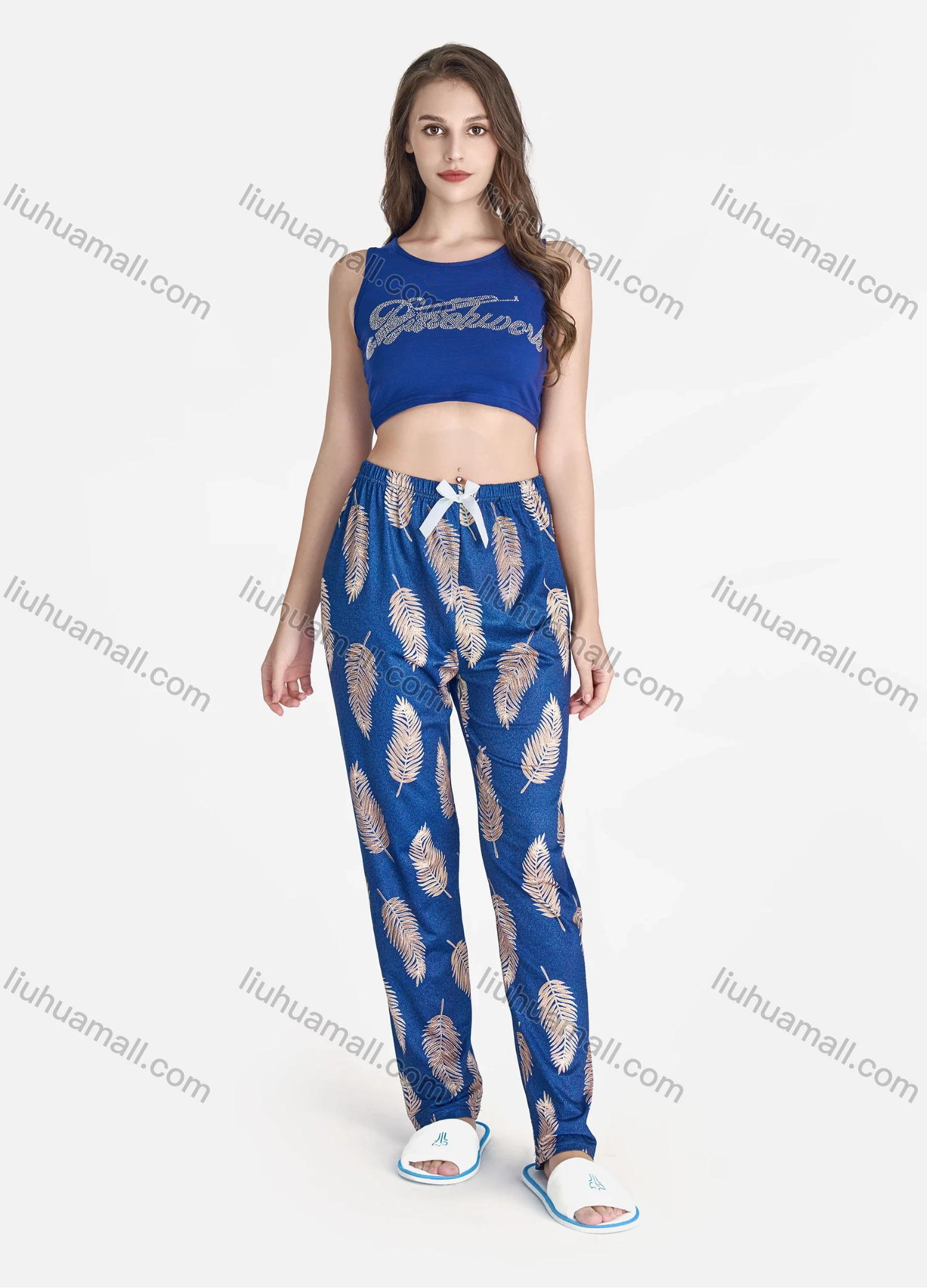 Wholesale Women's Casual Rhinestone Letter Crop Tank Tops & Allover Leaf Print Pants 2 Piece Set Lounge Pajama Suit - Liuhuamall