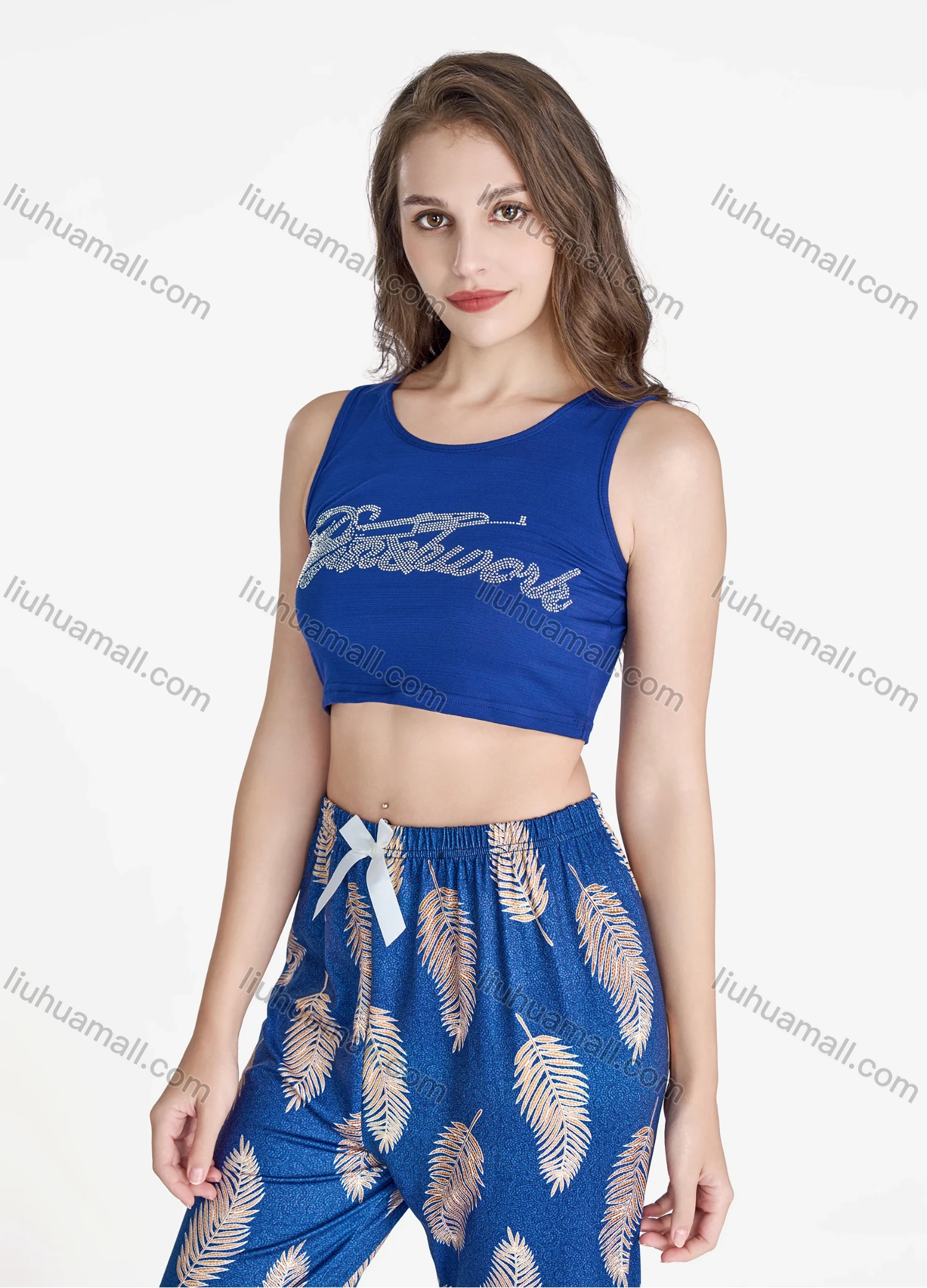 Wholesale Women's Casual Rhinestone Letter Crop Tank Tops & Allover Leaf Print Pants 2 Piece Set Lounge Pajama Suit - Liuhuamall