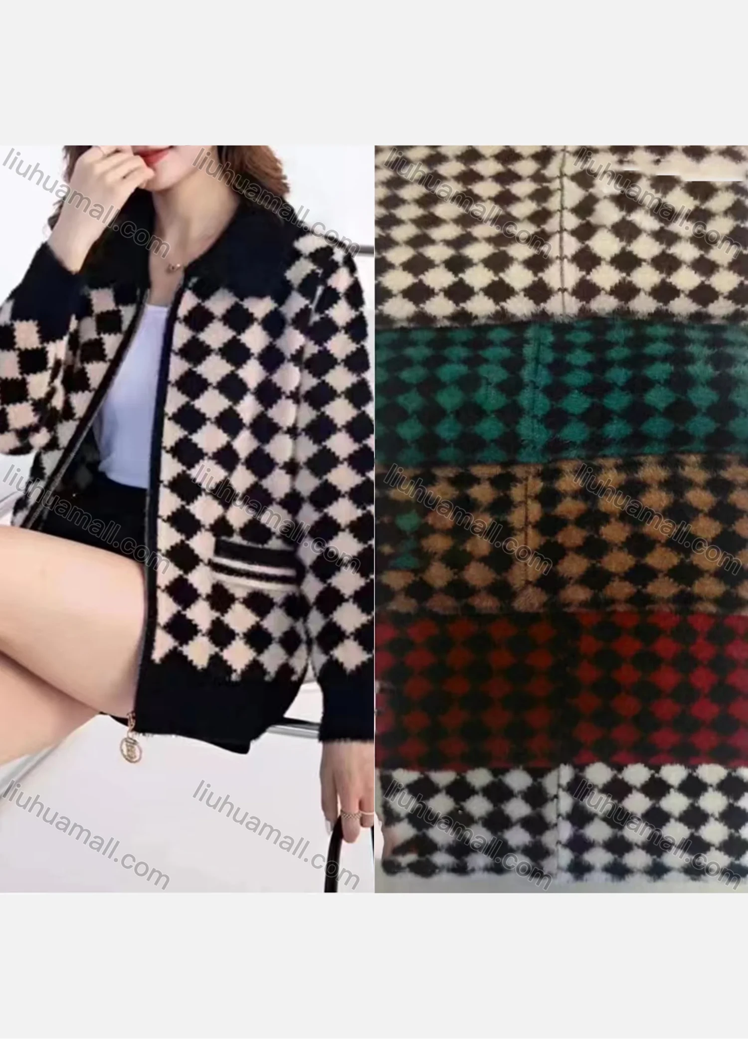 Wholesale Women's Casual Collared Long Sleeve Patch Pockets Argyle Print Zipper Fluffy Jacket - Liuhuamall