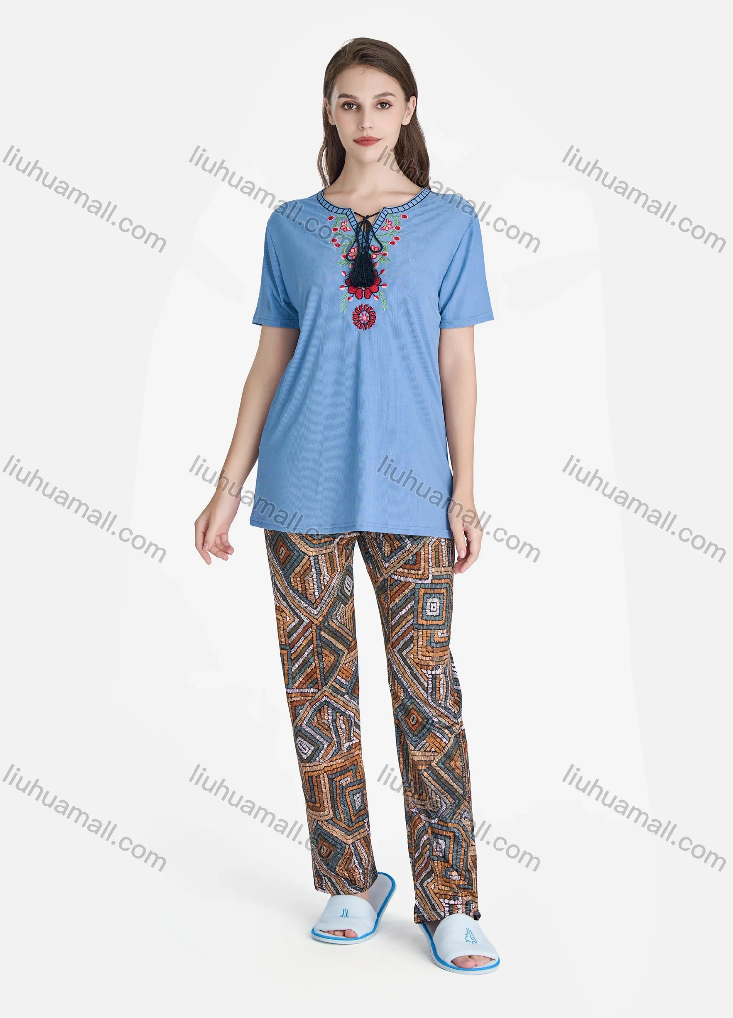 Wholesale Women's Casual Floral Embroidery Short Sleeve Tie Neck Tassel Tops & Allover Print Pants 2 Piece Set Pajama Suit - Liuhuamall