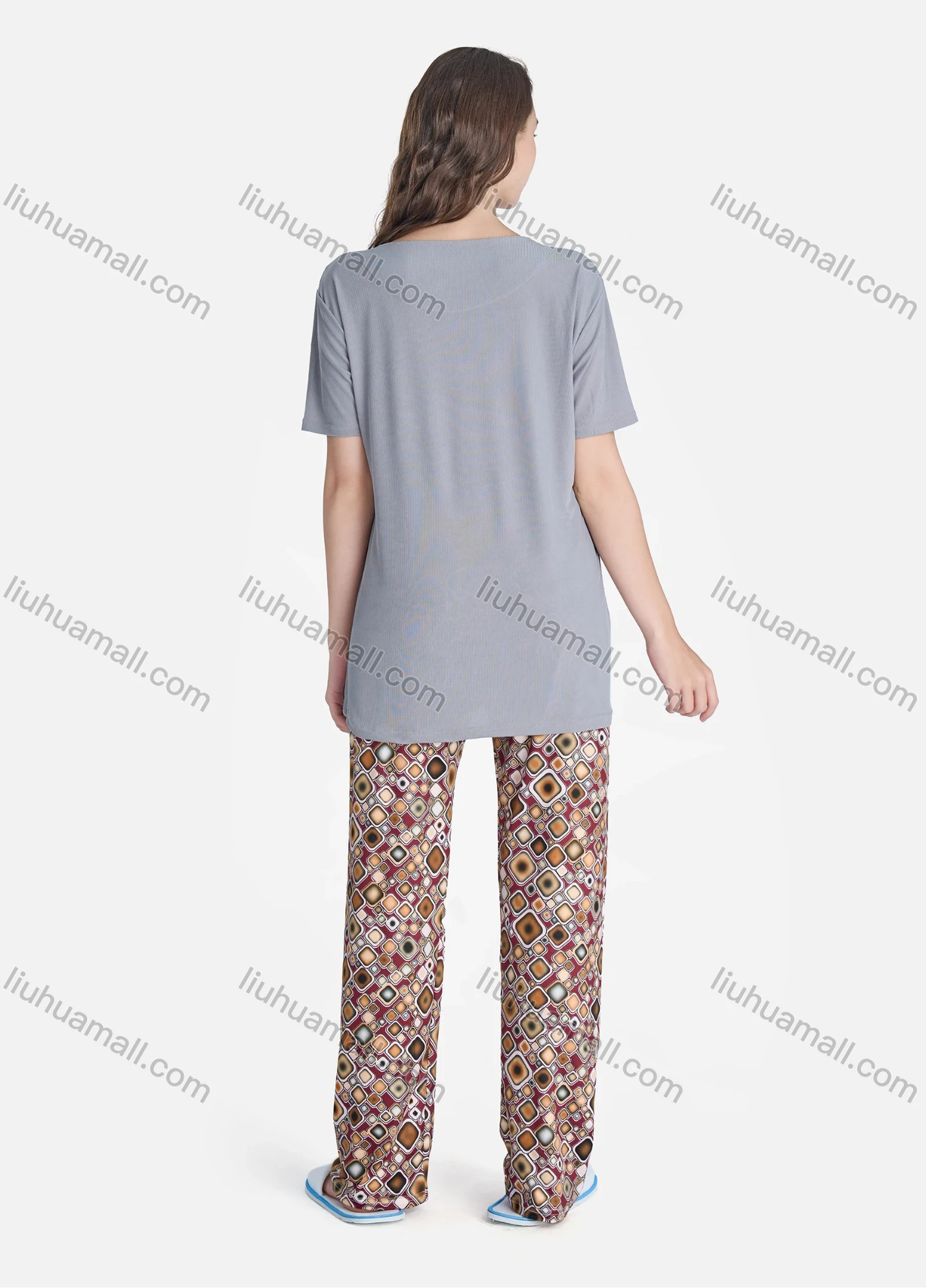 Wholesale Women's Casual Floral Embroidery Short Sleeve Tie Neck Tassel Tops & Allover Print Pants 2 Piece Set Pajama Suit - Liuhuamall