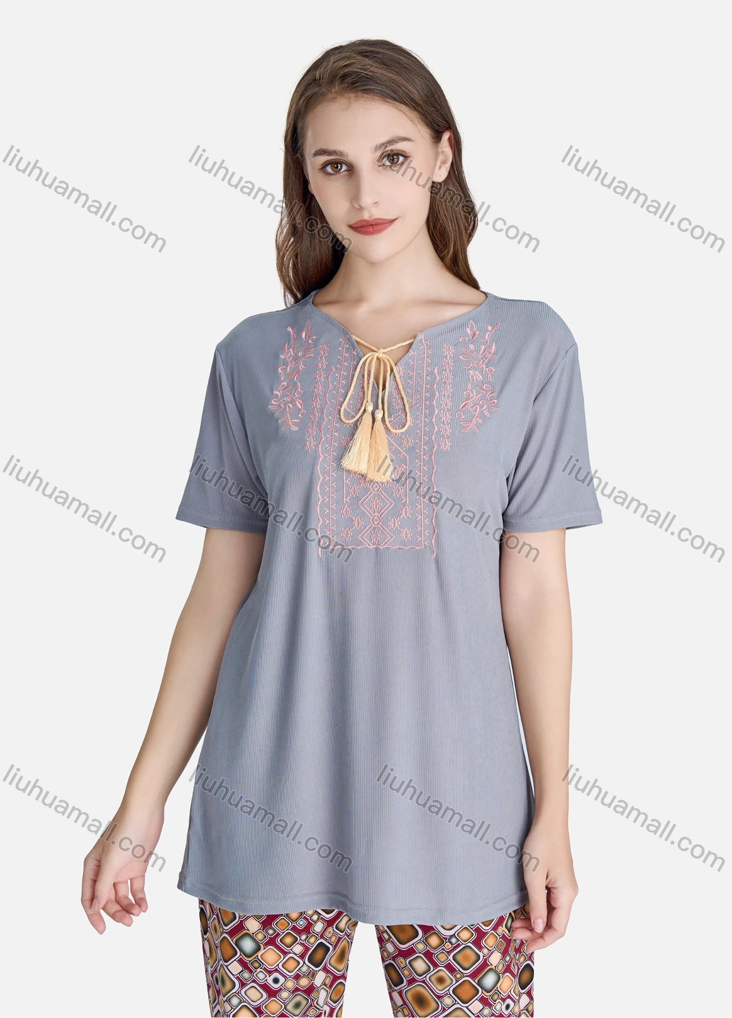 Wholesale Women's Casual Floral Embroidery Short Sleeve Tie Neck Tassel Tops & Allover Print Pants 2 Piece Set Pajama Suit - Liuhuamall