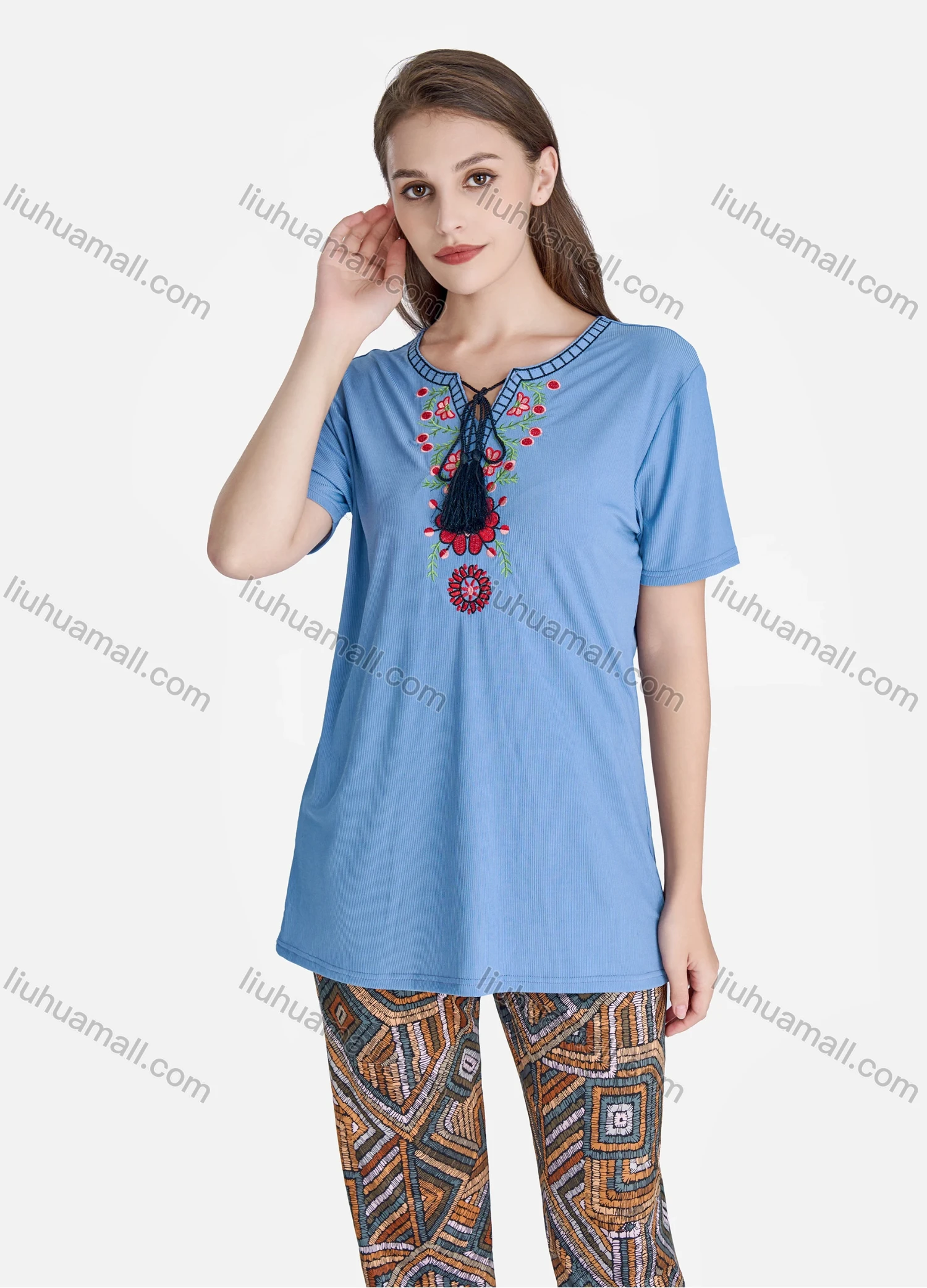 Wholesale Women's Casual Floral Embroidery Short Sleeve Tie Neck Tassel Tops & Allover Print Pants 2 Piece Set Pajama Suit - Liuhuamall