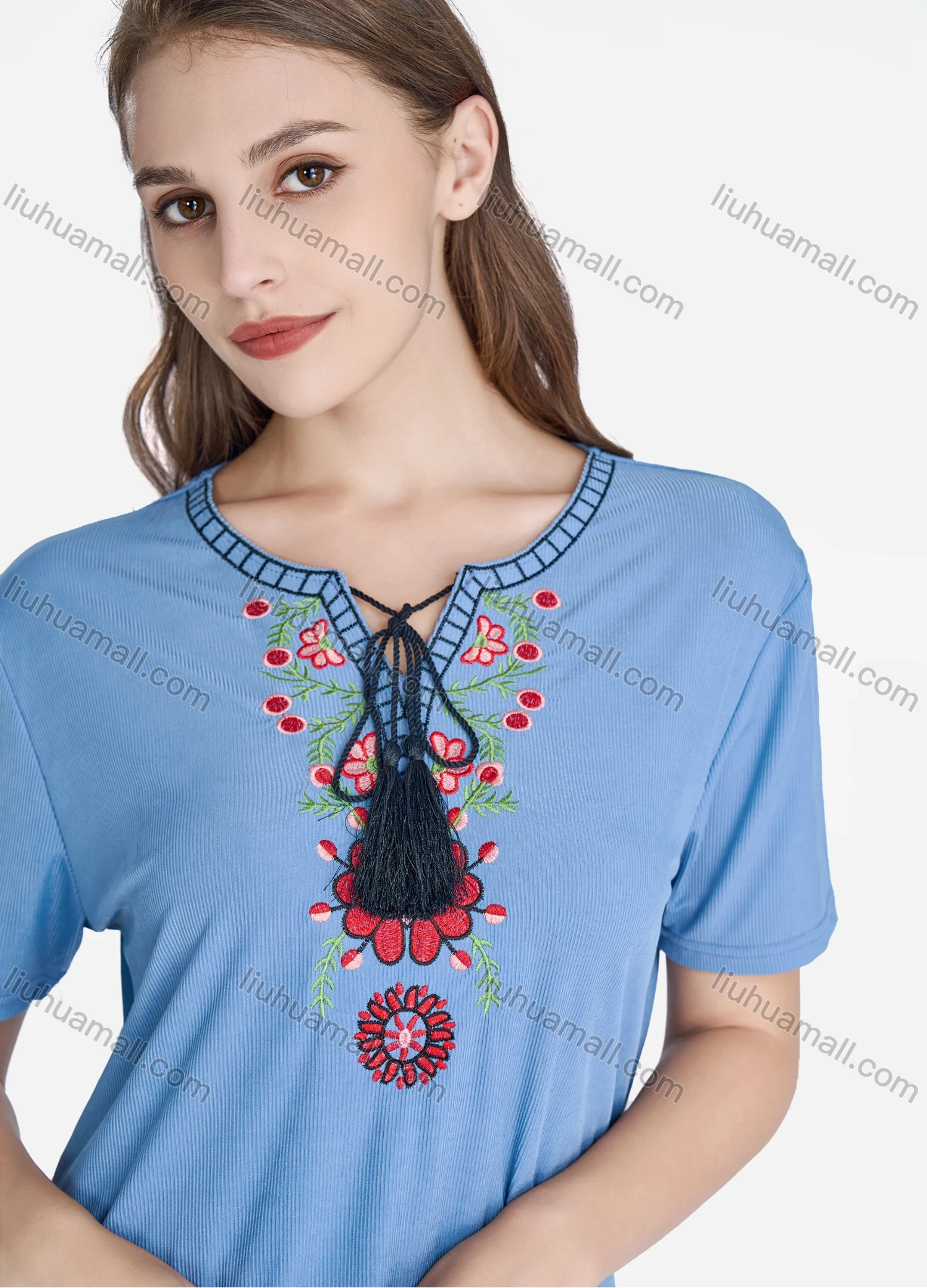 Wholesale Women's Casual Floral Embroidery Short Sleeve Tie Neck Tassel Tops & Allover Print Pants 2 Piece Set Pajama Suit - Liuhuamall