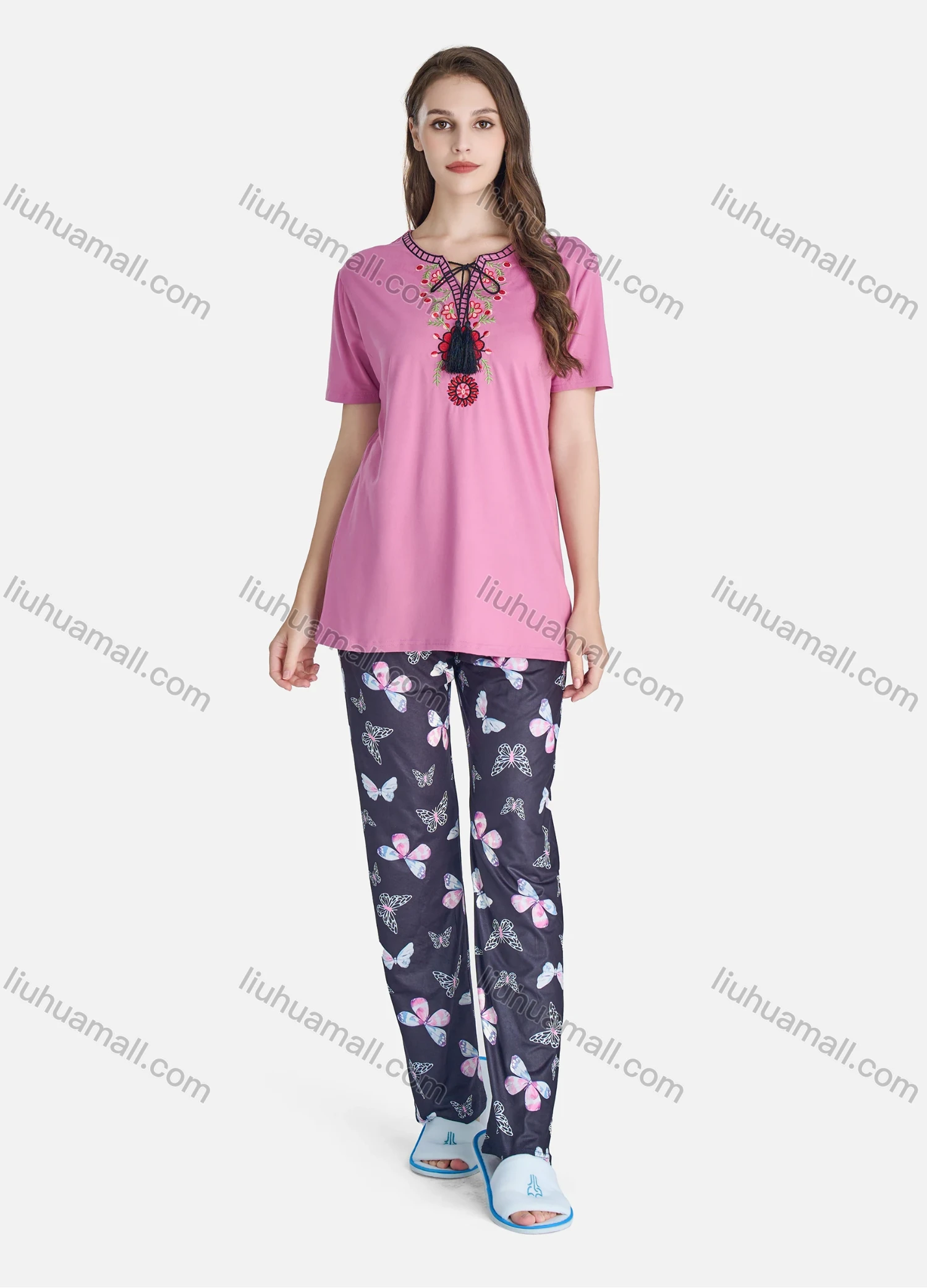 Wholesale Women's Casual Floral Embroidery Short Sleeve Tie Neck Tassel Tops & Allover Print Pants 2 Piece Set Pajama Suit - Liuhuamall