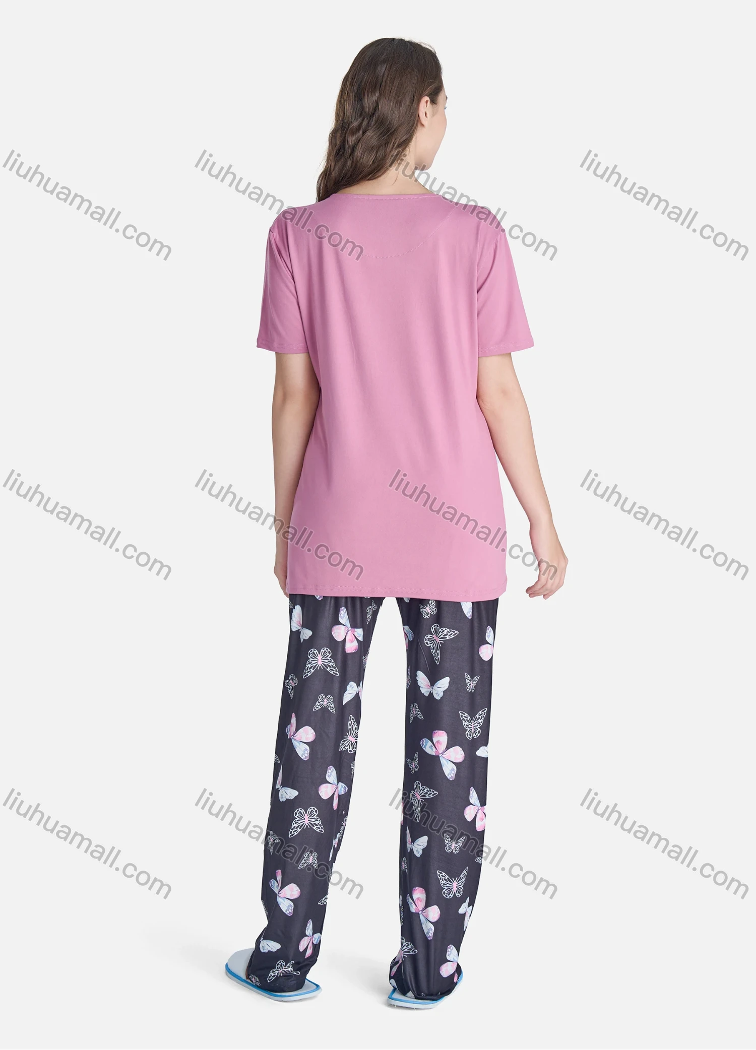 Wholesale Women's Casual Floral Embroidery Short Sleeve Tie Neck Tassel Tops & Allover Print Pants 2 Piece Set Pajama Suit - Liuhuamall