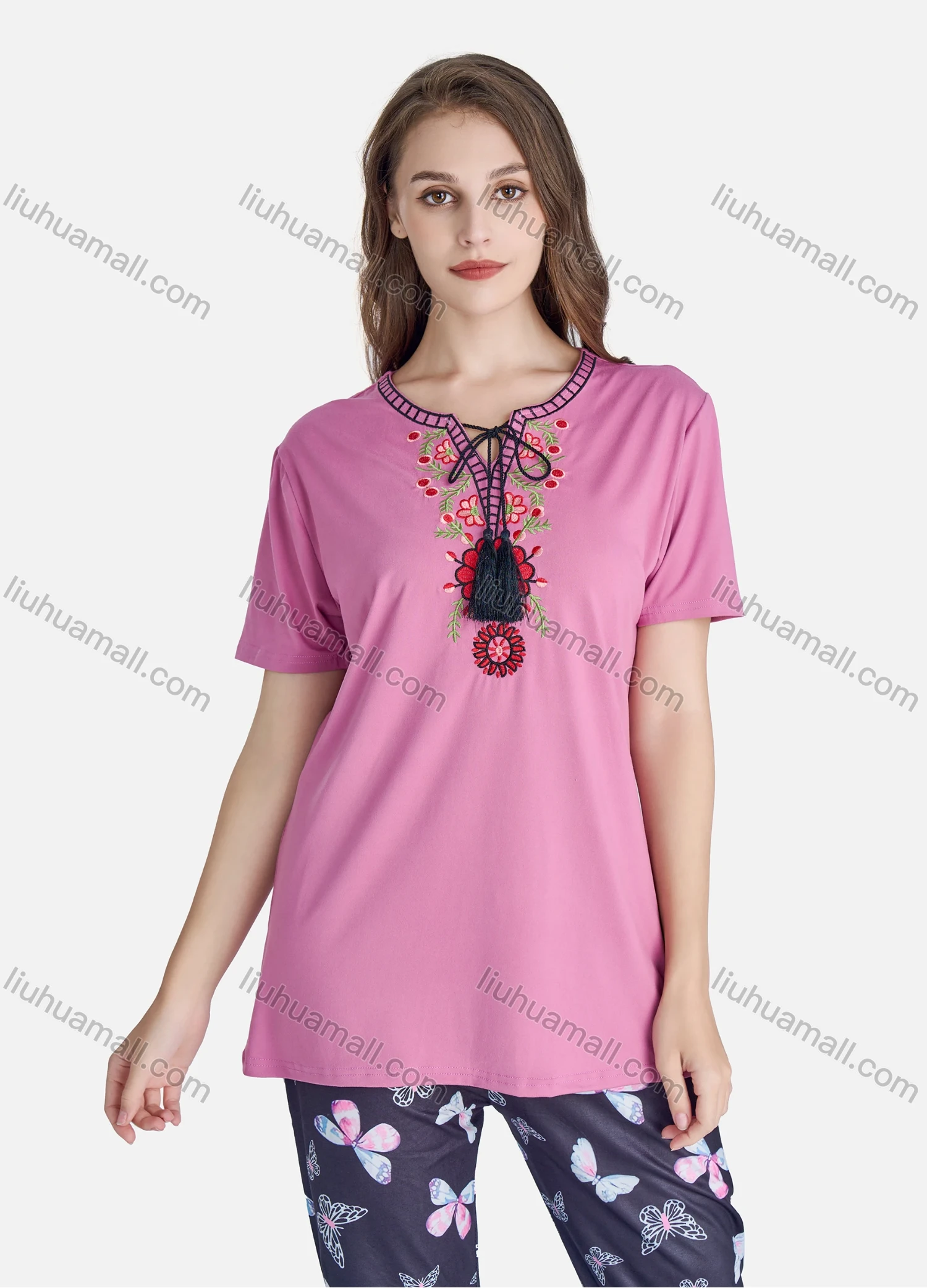 Wholesale Women's Casual Floral Embroidery Short Sleeve Tie Neck Tassel Tops & Allover Print Pants 2 Piece Set Pajama Suit - Liuhuamall