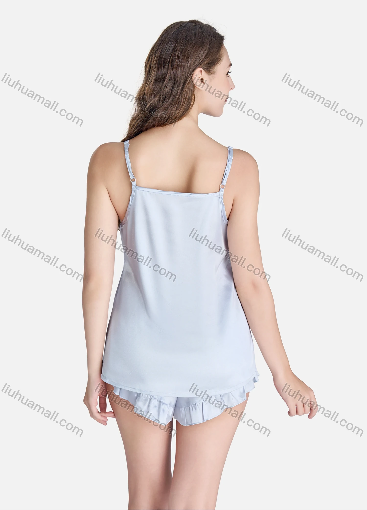 Wholesale Women's Sexy Lounge Plain Button Front Adjustable Straps Cami Tops & Ruffle Trim Shorts 2 Piece Set Pajama Suit - Liuhuamall