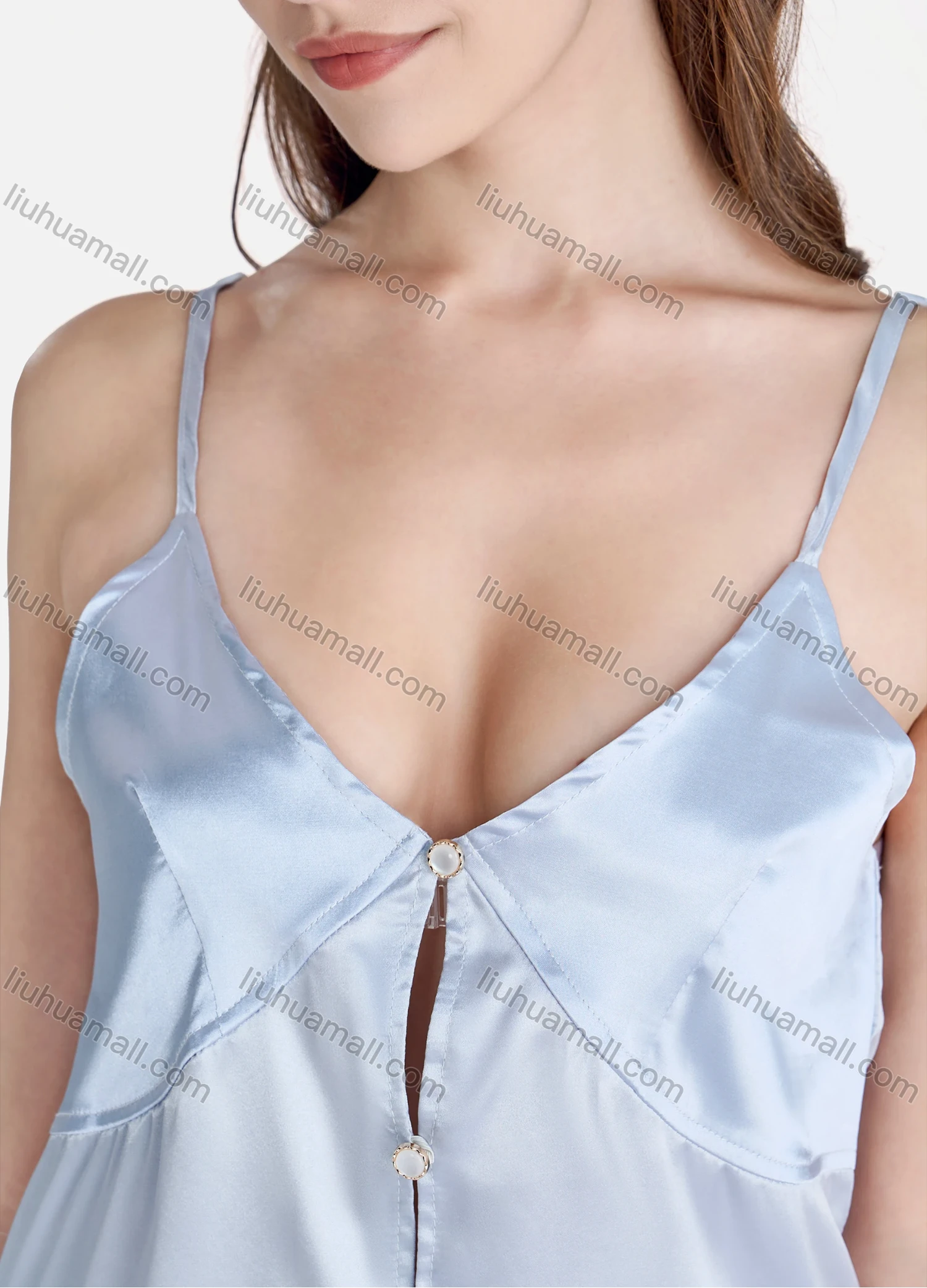 Wholesale Women's Sexy Lounge Plain Button Front Adjustable Straps Cami Tops & Ruffle Trim Shorts 2 Piece Set Pajama Suit - Liuhuamall