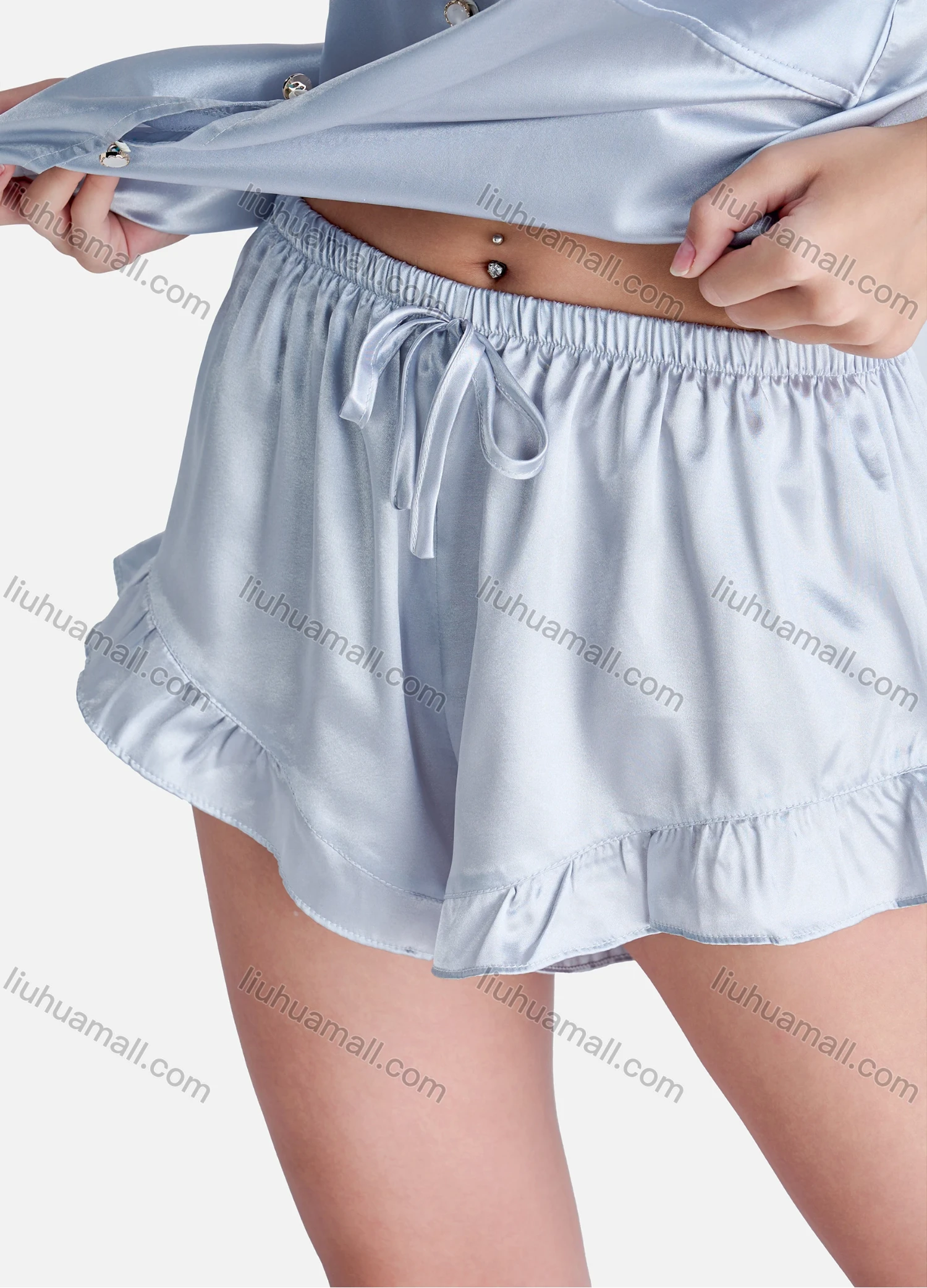 Wholesale Women's Sexy Lounge Plain Button Front Adjustable Straps Cami Tops & Ruffle Trim Shorts 2 Piece Set Pajama Suit - Liuhuamall