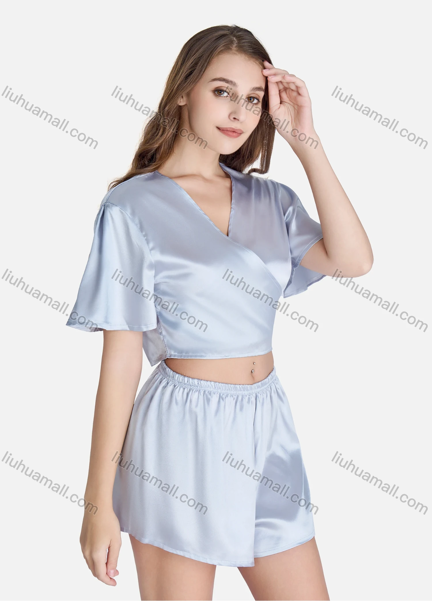 Wholesale Women's Lounge Plain Wrap V Neck Short Sleeve Crop Tops & Shorts 2 Piece Set Pajama Suit - Liuhuamall