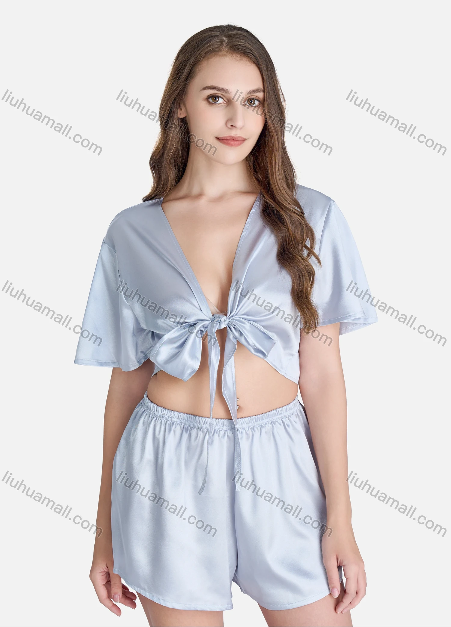 Wholesale Women's Lounge Plain Wrap V Neck Short Sleeve Crop Tops & Shorts 2 Piece Set Pajama Suit - Liuhuamall
