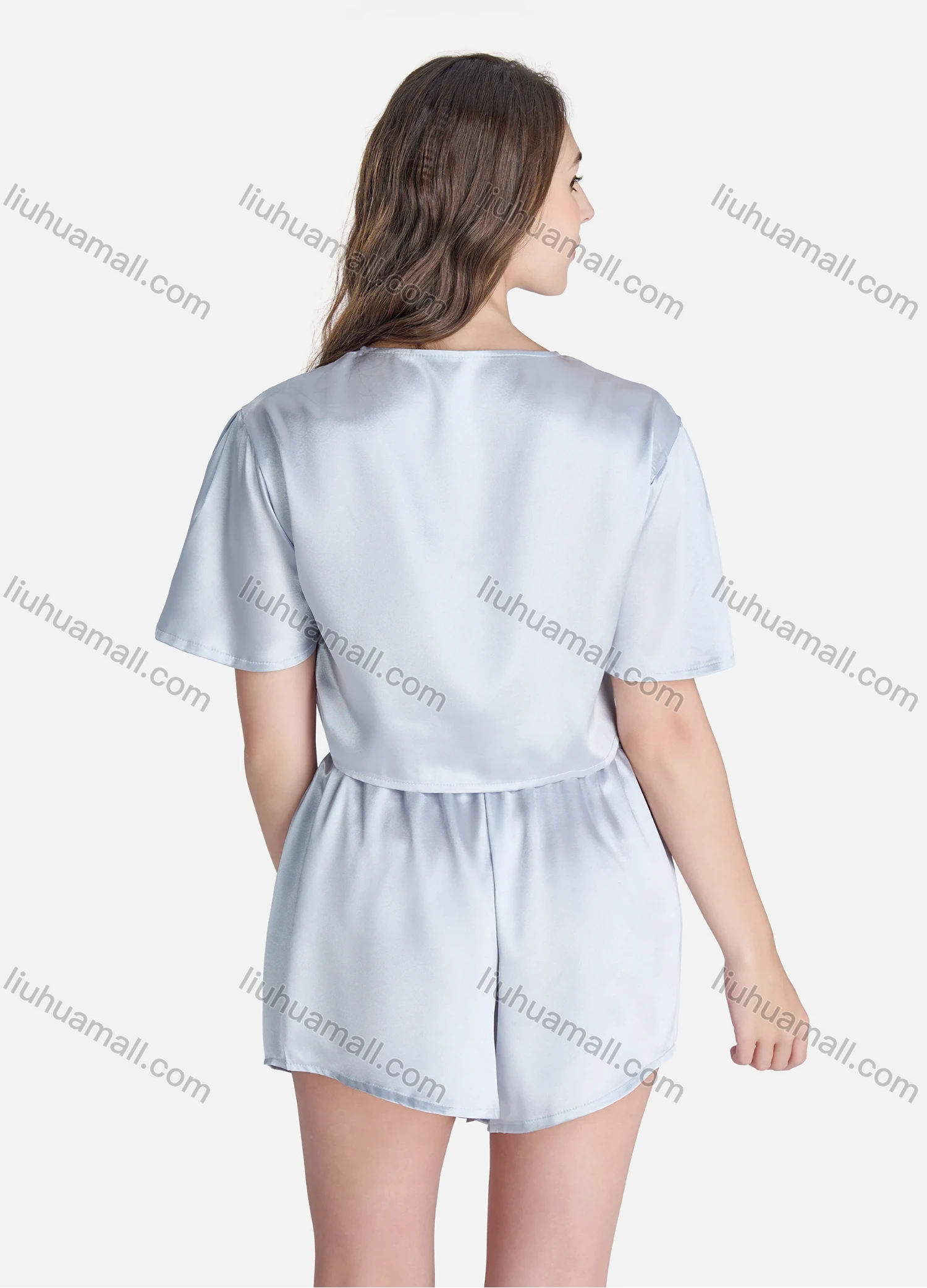 Wholesale Women's Lounge Plain Wrap V Neck Short Sleeve Crop Tops & Shorts 2 Piece Set Pajama Suit - Liuhuamall
