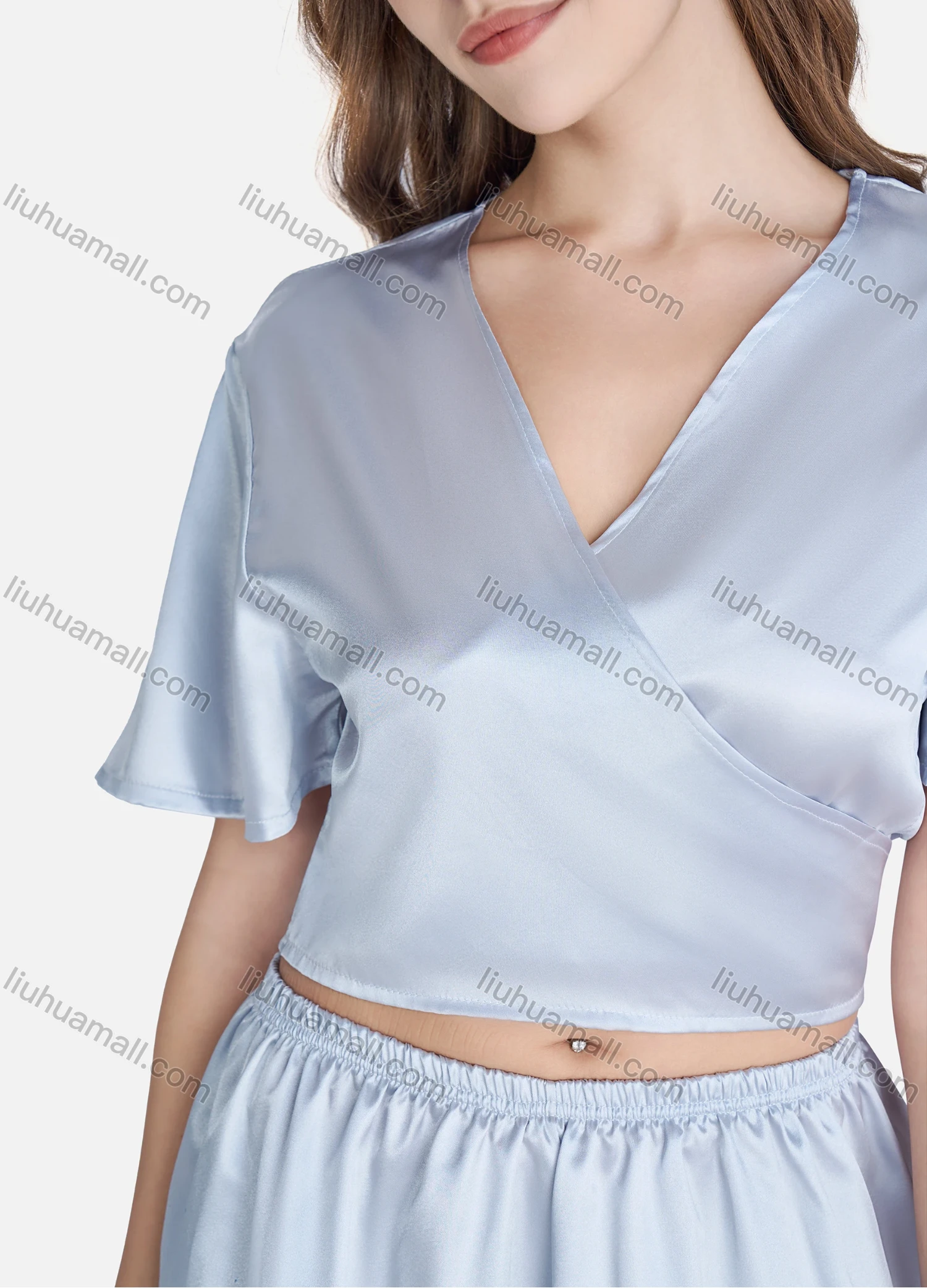 Wholesale Women's Lounge Plain Wrap V Neck Short Sleeve Crop Tops & Shorts 2 Piece Set Pajama Suit - Liuhuamall