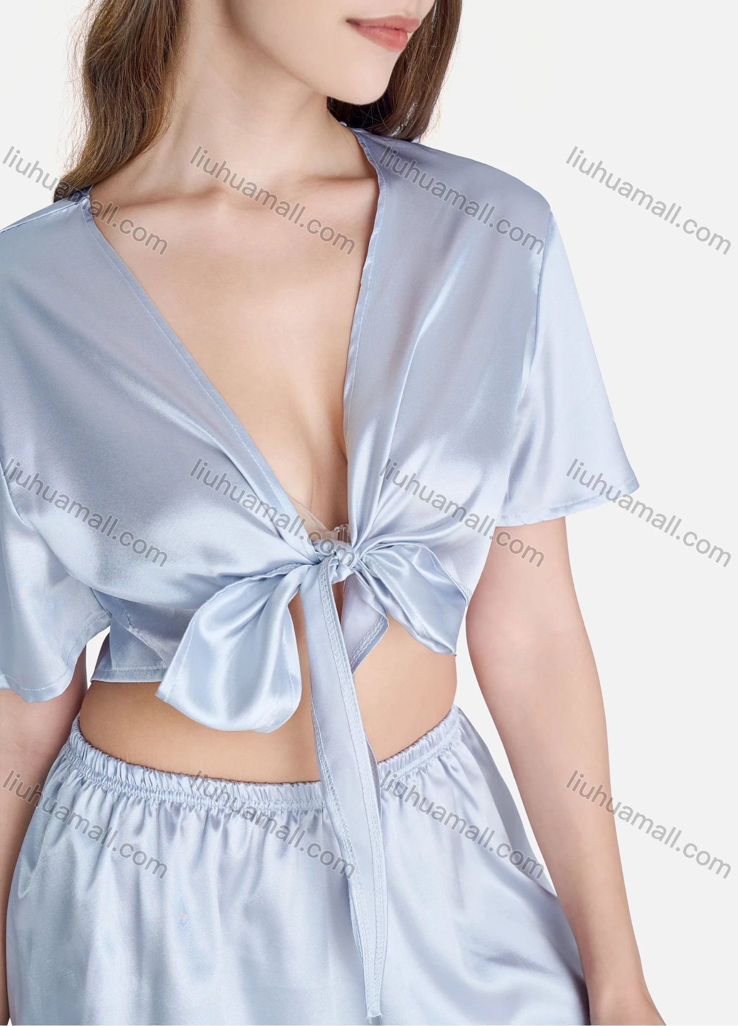 Wholesale Women's Lounge Plain Wrap V Neck Short Sleeve Crop Tops & Shorts 2 Piece Set Pajama Suit - Liuhuamall
