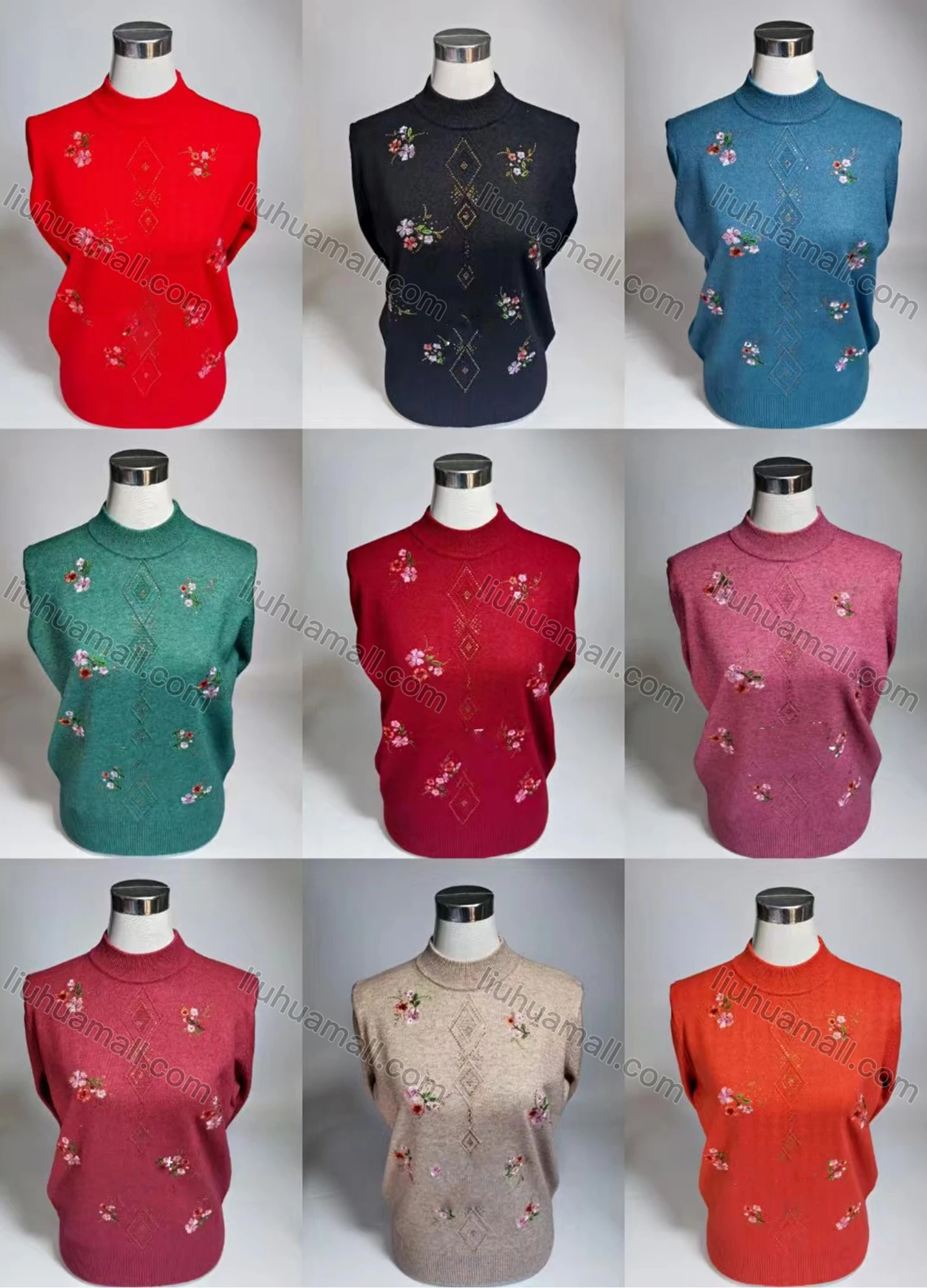 Wholesale Women's Casual High Neck Long Sleeve Floral Print Embroidered Sweater - Liuhuamall