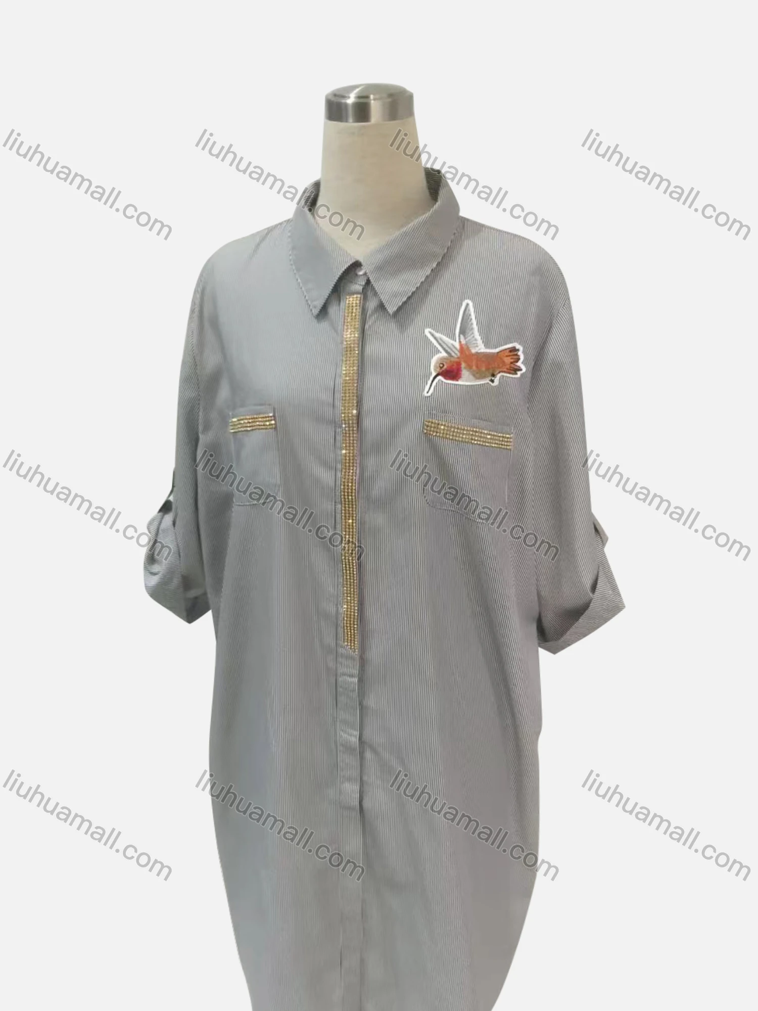 Wholesale Women's Casual Graphic Rhinestone Long Sleeve Button Down Patch Pockets Midi Shirt Dress - Liuhuamall