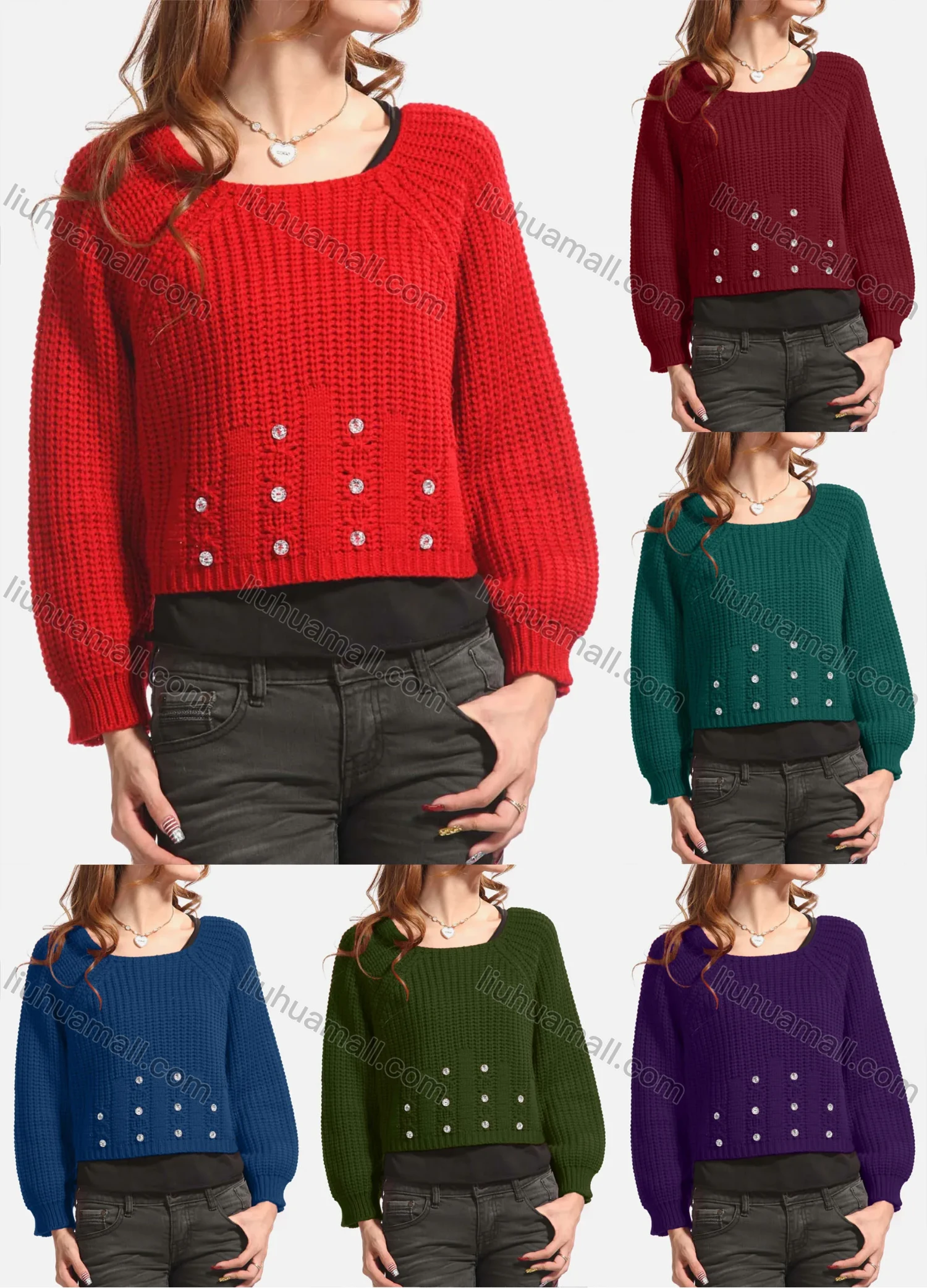 Wholesale Women's Causal Plain Button Decor Long Sleeve Crop Pullover Sweater - Liuhuamall