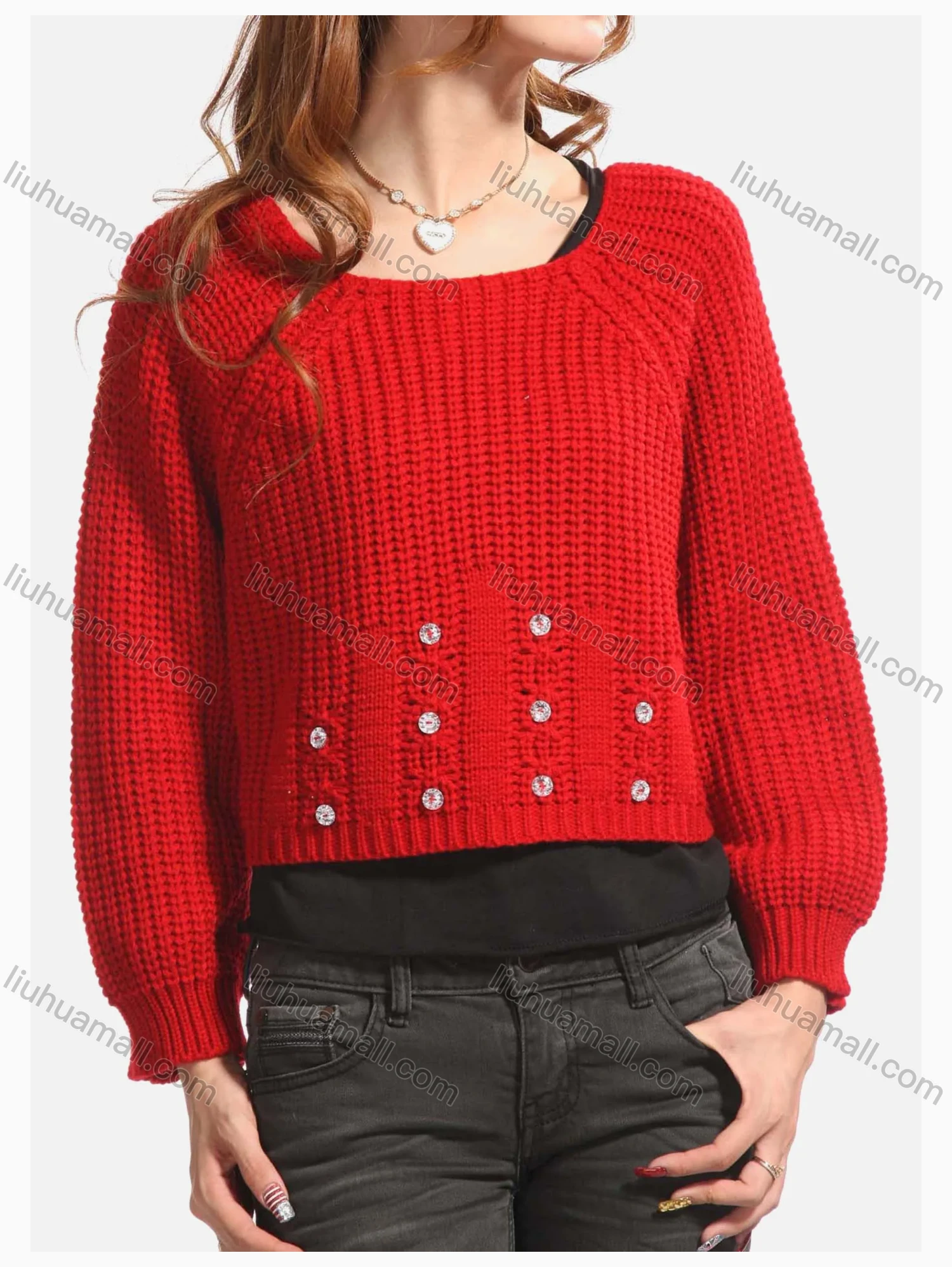 Wholesale Women's Causal Plain Button Decor Long Sleeve Crop Pullover Sweater - Liuhuamall