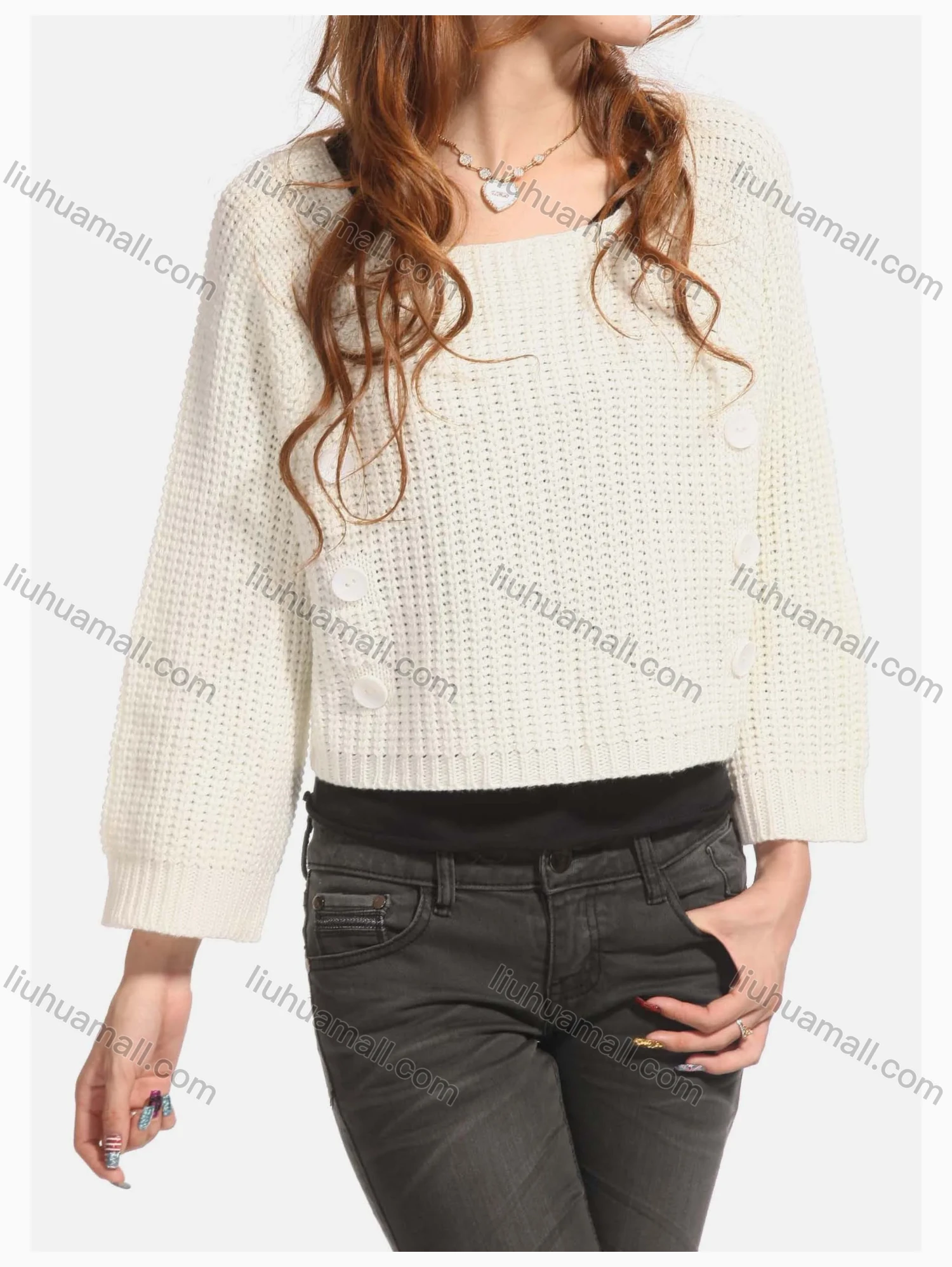 Wholesale Women's Causal Plain Button Decor Long Sleeve Crop Pullover Sweater - Liuhuamall