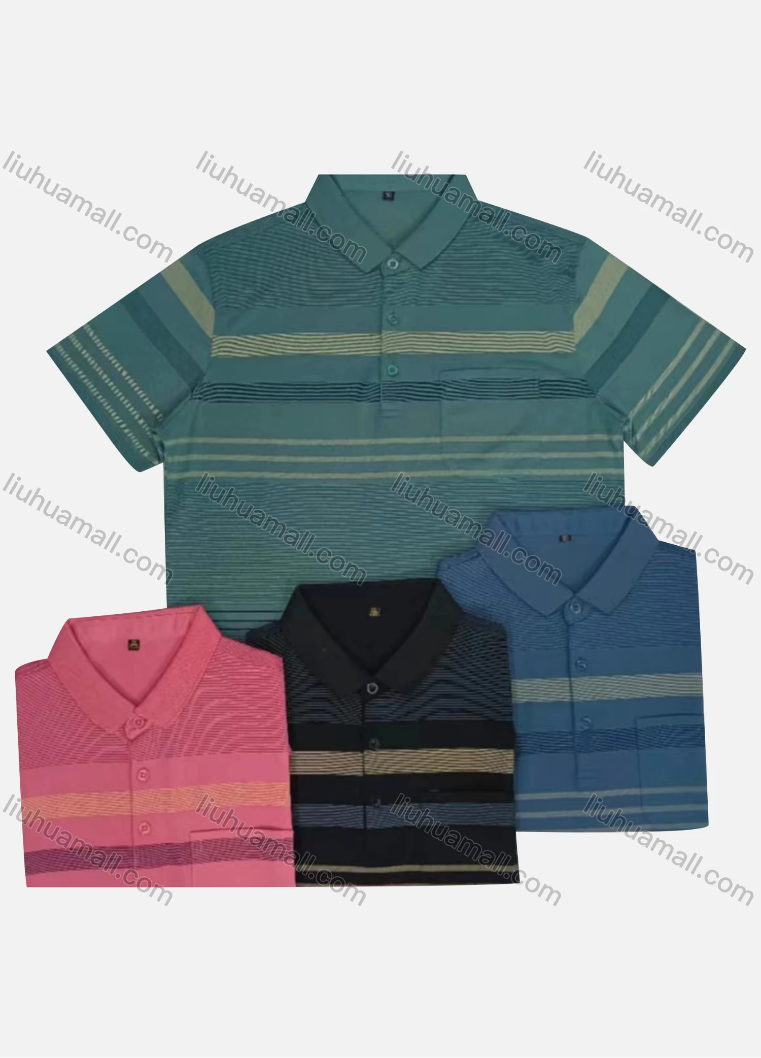 Wholesale Men's Casual Striped Patch Pocket Short Sleeve Polo Shirt - Liuhuamall