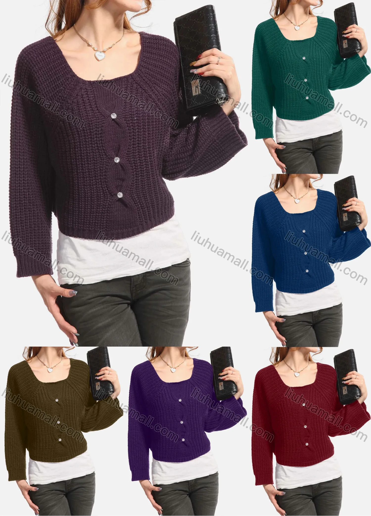 Wholesale Women's Causal Plain Button Decor Long Sleeve Crop Pullover Sweater - Liuhuamall