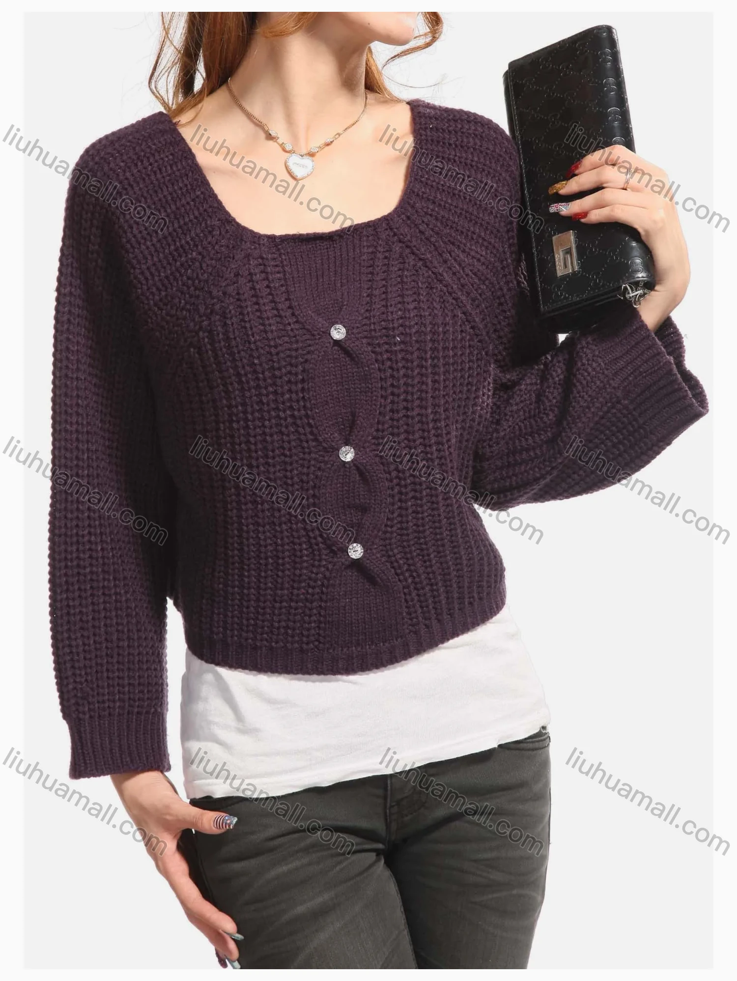 Wholesale Women's Causal Plain Button Decor Long Sleeve Crop Pullover Sweater - Liuhuamall