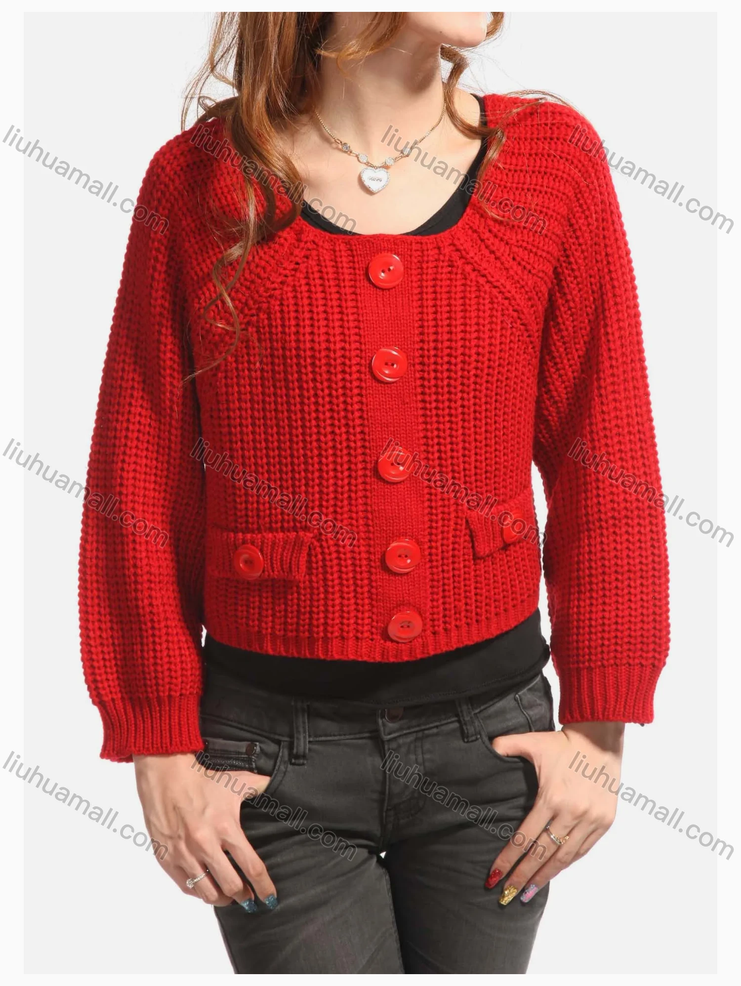 Wholesale Women's Causal Plain Button Decor Fake Pocket Crop Pullover Sweater - Liuhuamall