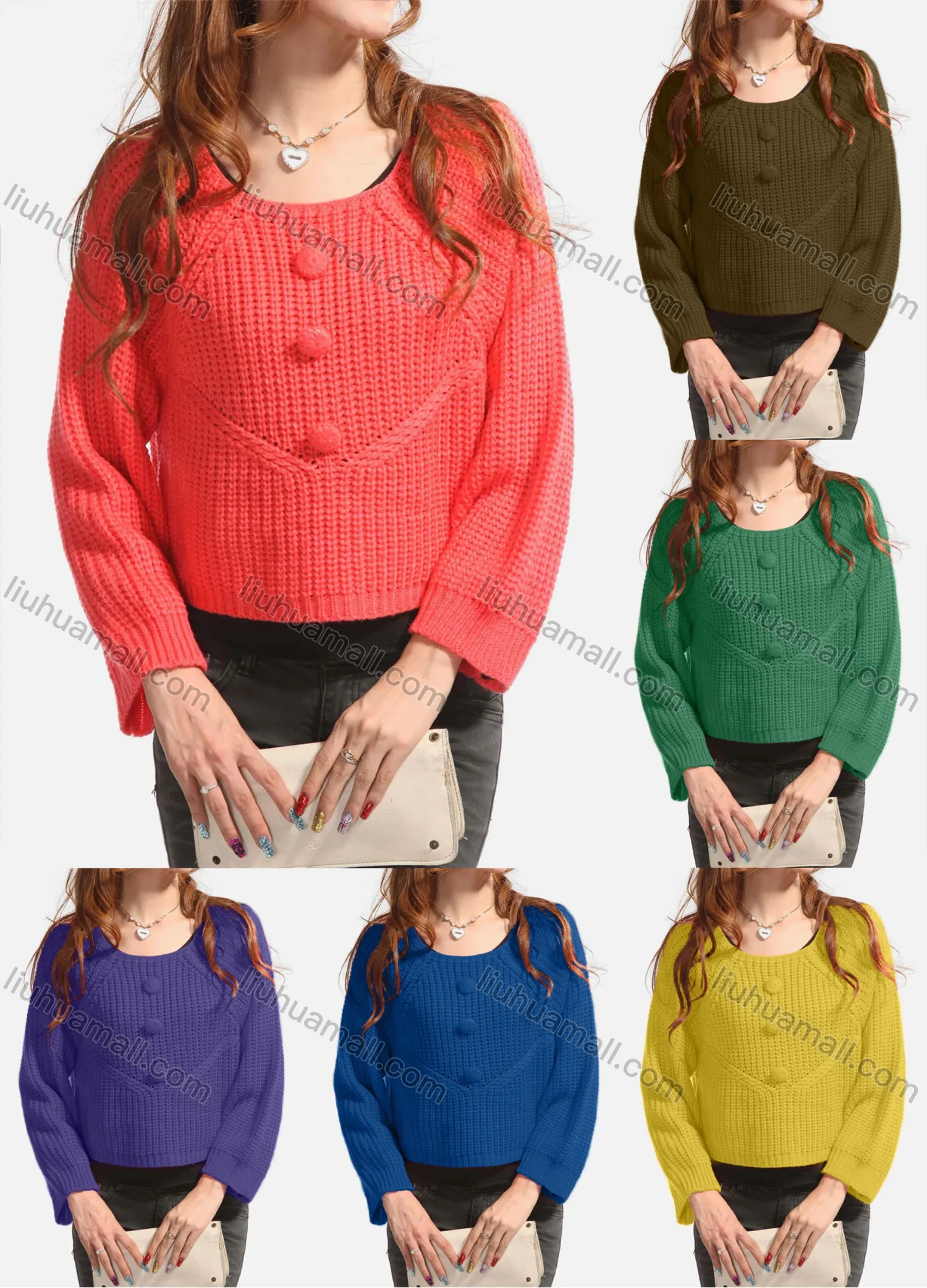 Wholesale Women's Causal Plain Button Decor Crew Neck Crop Pullover Sweater - Liuhuamall