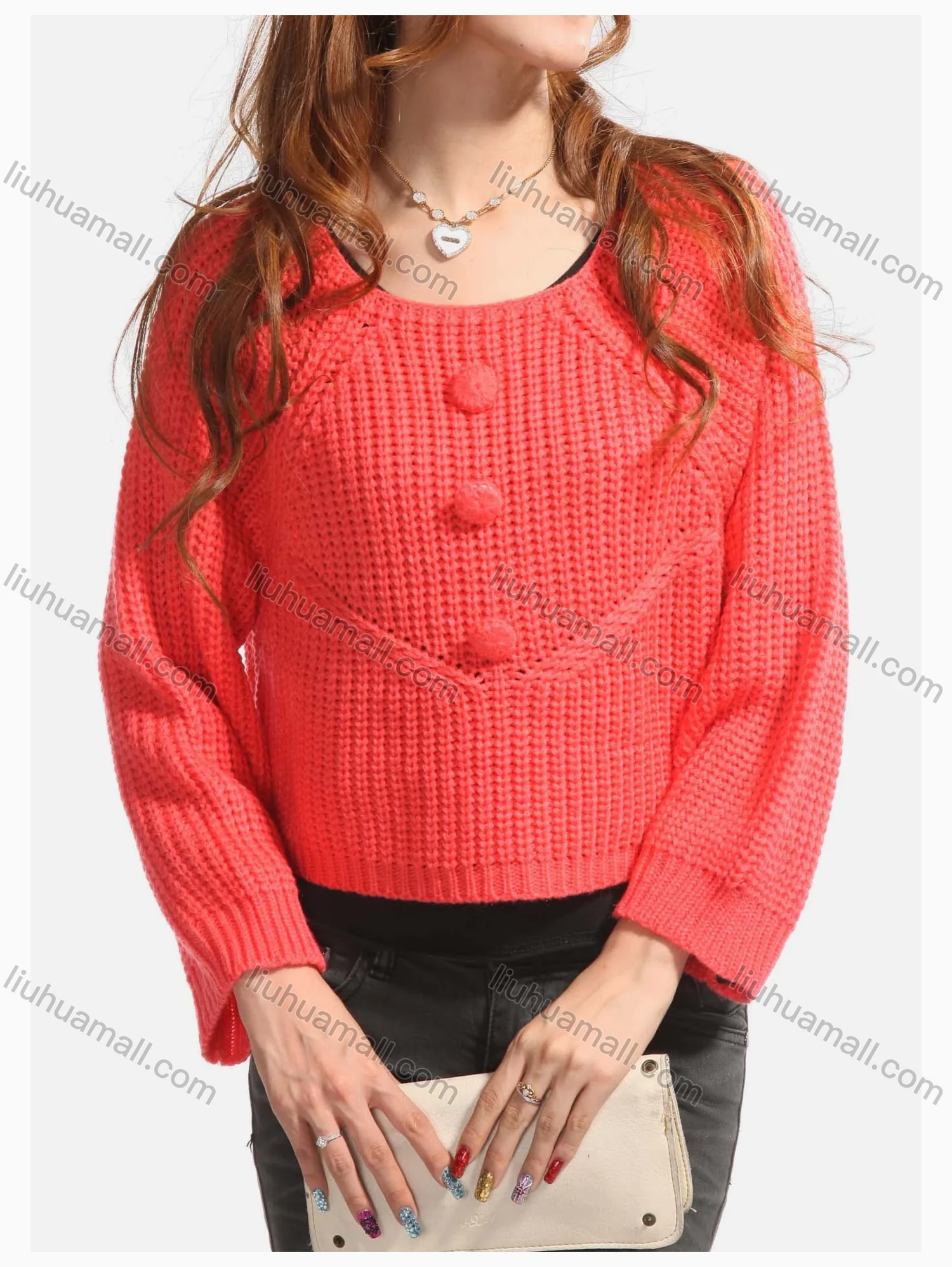 Wholesale Women's Causal Plain Button Decor Crew Neck Crop Pullover Sweater - Liuhuamall