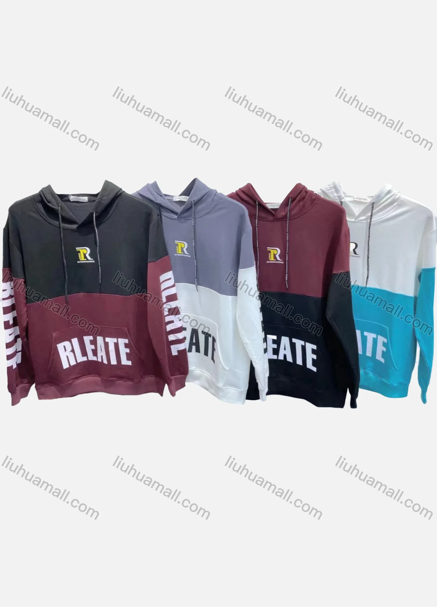 Wholesale Men's 100%Cotton Casual Colorblock Letter Print Drawstring Kangaroo Pocket Round Neck Long Sleeve Hoodie - Liuhuamall