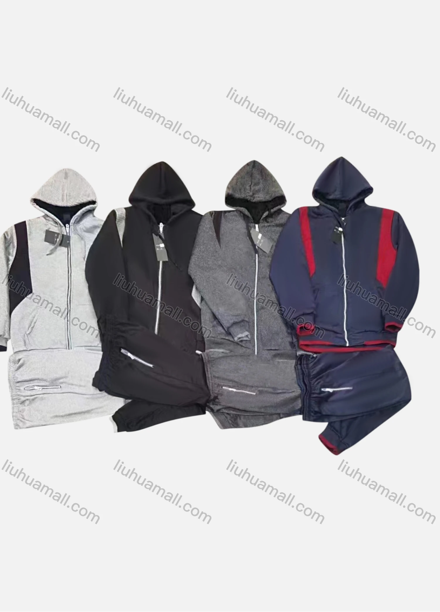 Wholesale Men's Casual Colorblock Drawstring Zipper Hoodie & Zipper Pockets Jogger 2 Piece Set - Liuhuamall