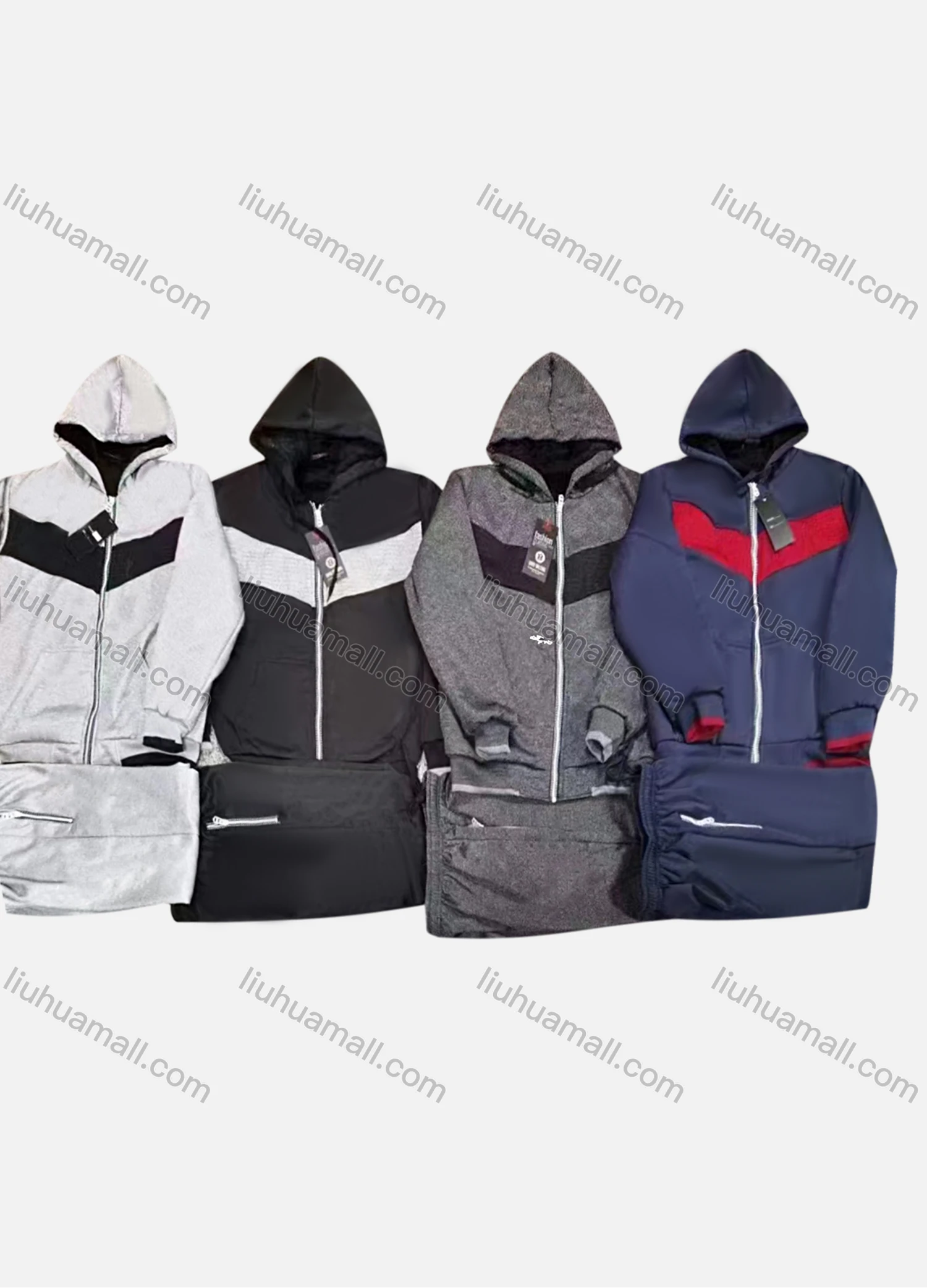 Wholesale Men's Casual Colorblock Drawstring Zipper Hoodie & Zipper Pockets Jogger 2 Piece Set - Liuhuamall