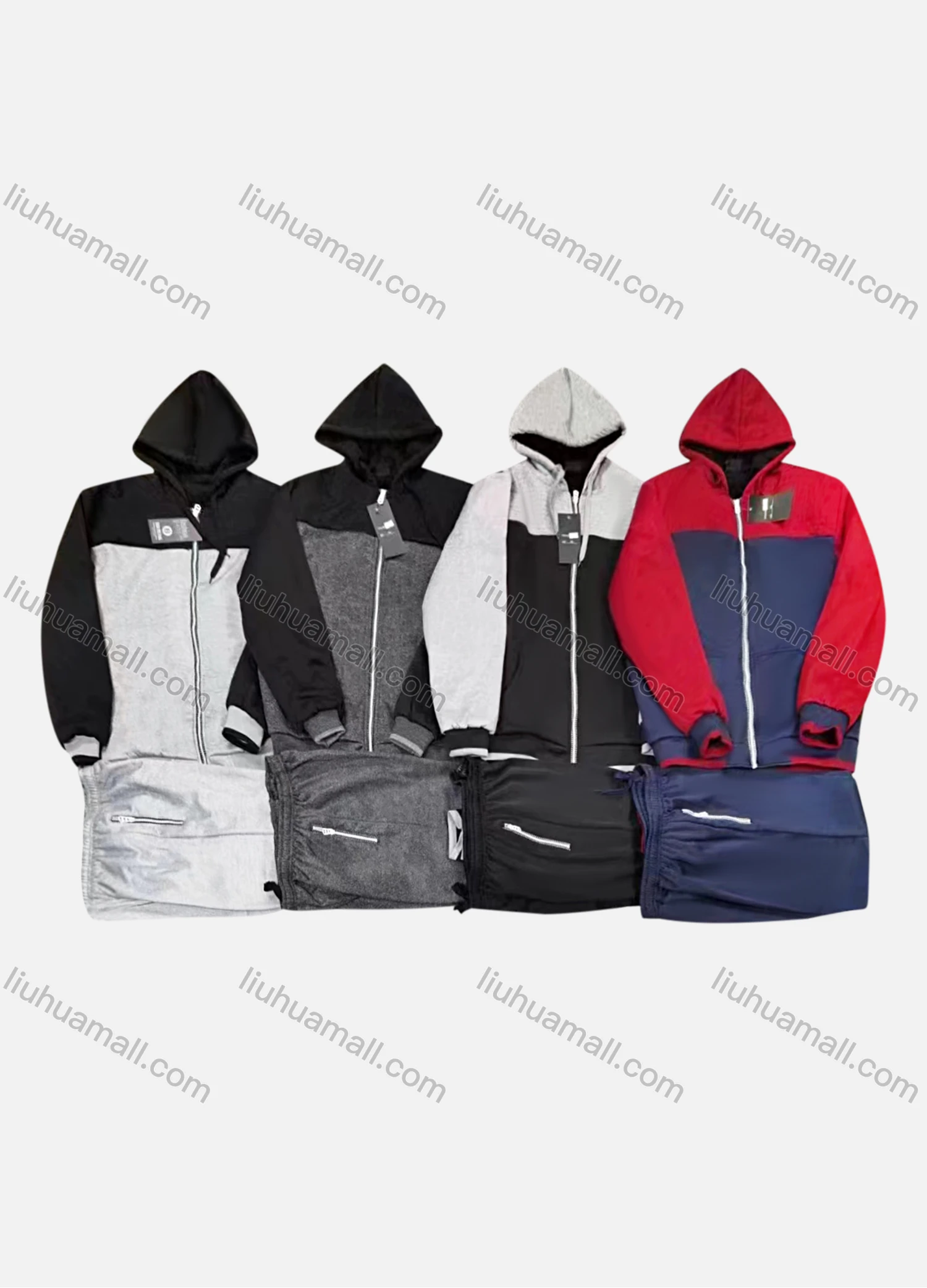Wholesale Men's Casual Colorblock Drawstring Zipper Hoodie & Zipper Pockets Jogger 2 Piece Set - Liuhuamall