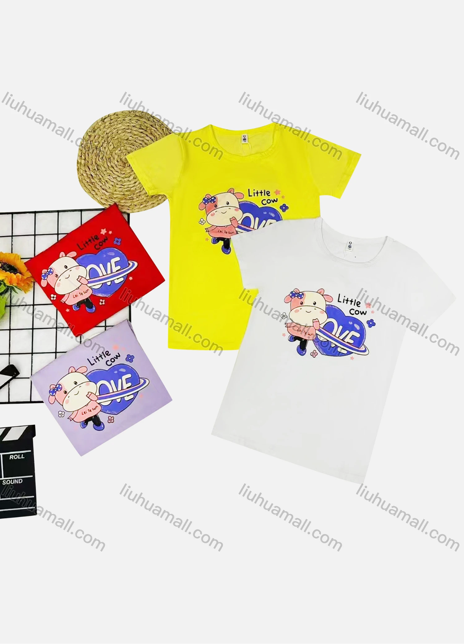 Wholesale Girl's Casual Pattern & Letter Print Round Neck Short Sleeve Tee - Liuhuamall