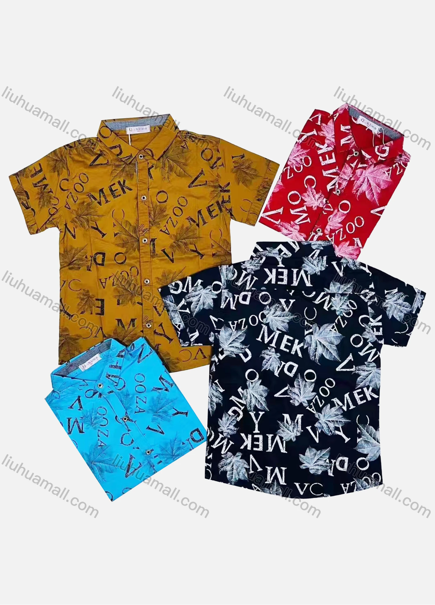 Wholesale Boy's Casual Letter & Leaf Print Short Sleeve Shirt - Liuhuamall