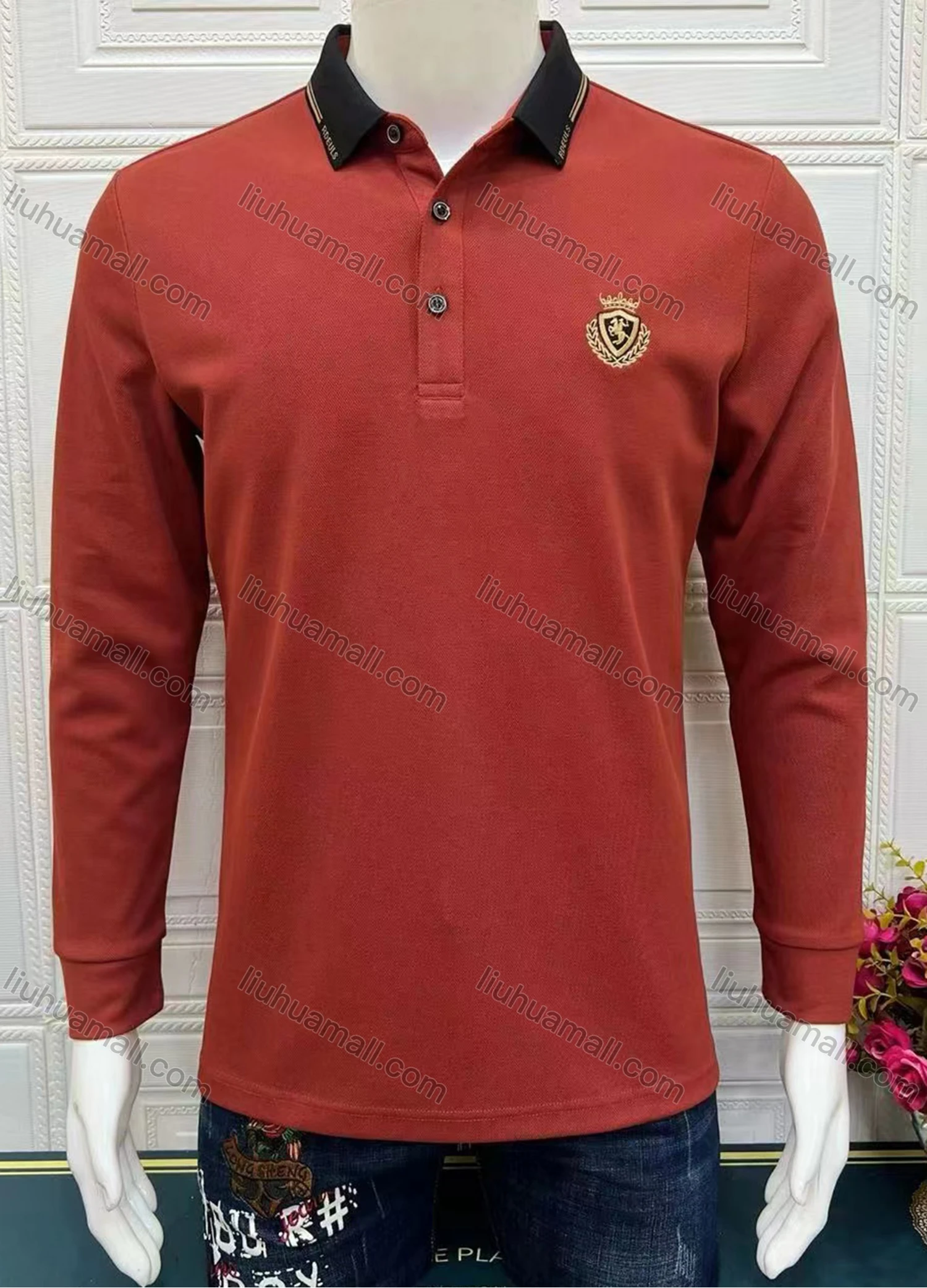 Wholesale Men's Casual Plain Long Sleeve Polo Shirt - Liuhuamall