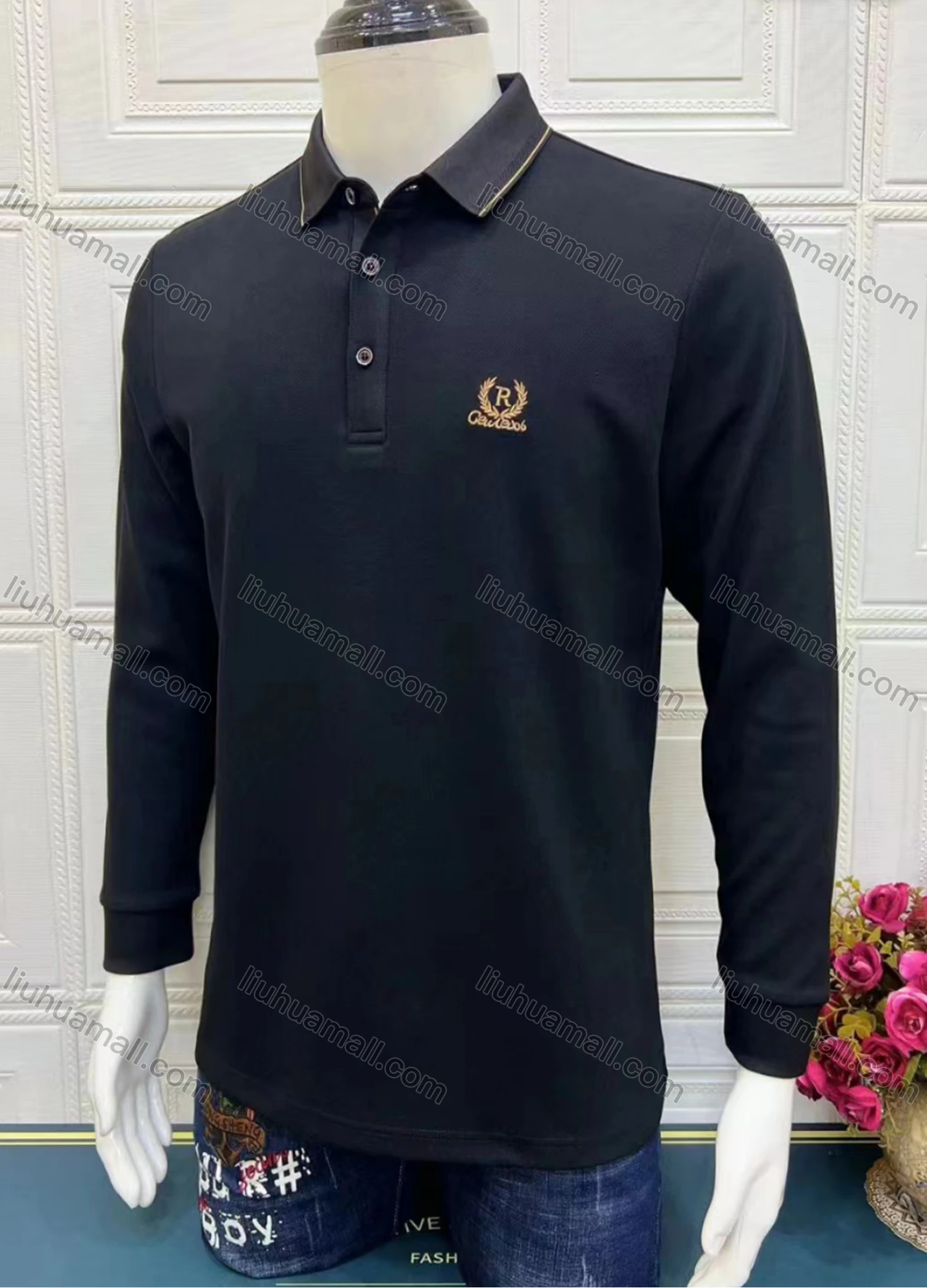 Wholesale Men's Casual Plain Long Sleeve Polo Shirt - Liuhuamall
