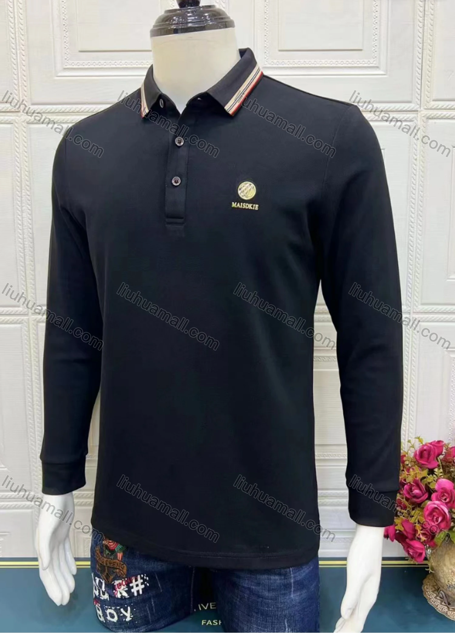 Wholesale Men's Casual Plain Long Sleeve Polo Shirt - Liuhuamall