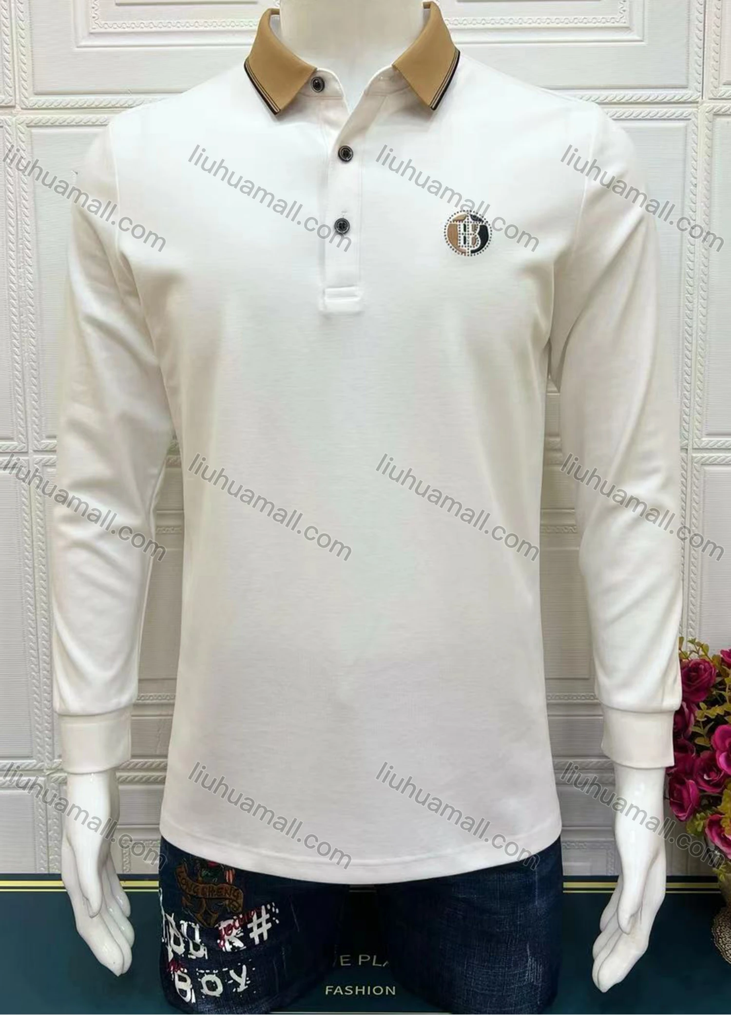 Wholesale Men's Casual Plain Long Sleeve Polo Shirt - Liuhuamall